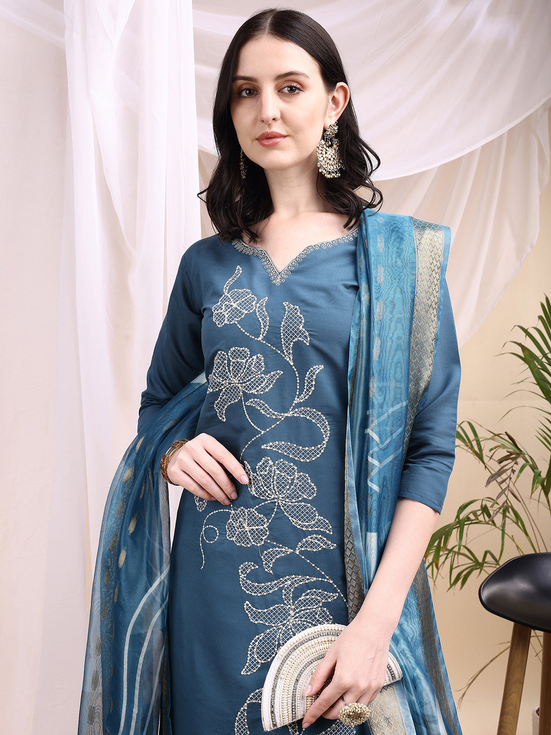 Embroidered Kurta With Pant & Printed Dupatta, Blue - Hiral Fashion
