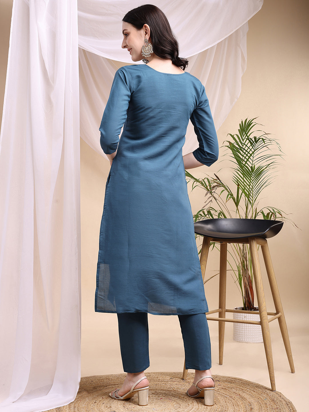 Embroidered Kurta With Pant & Printed Dupatta, Blue - Hiral Fashion