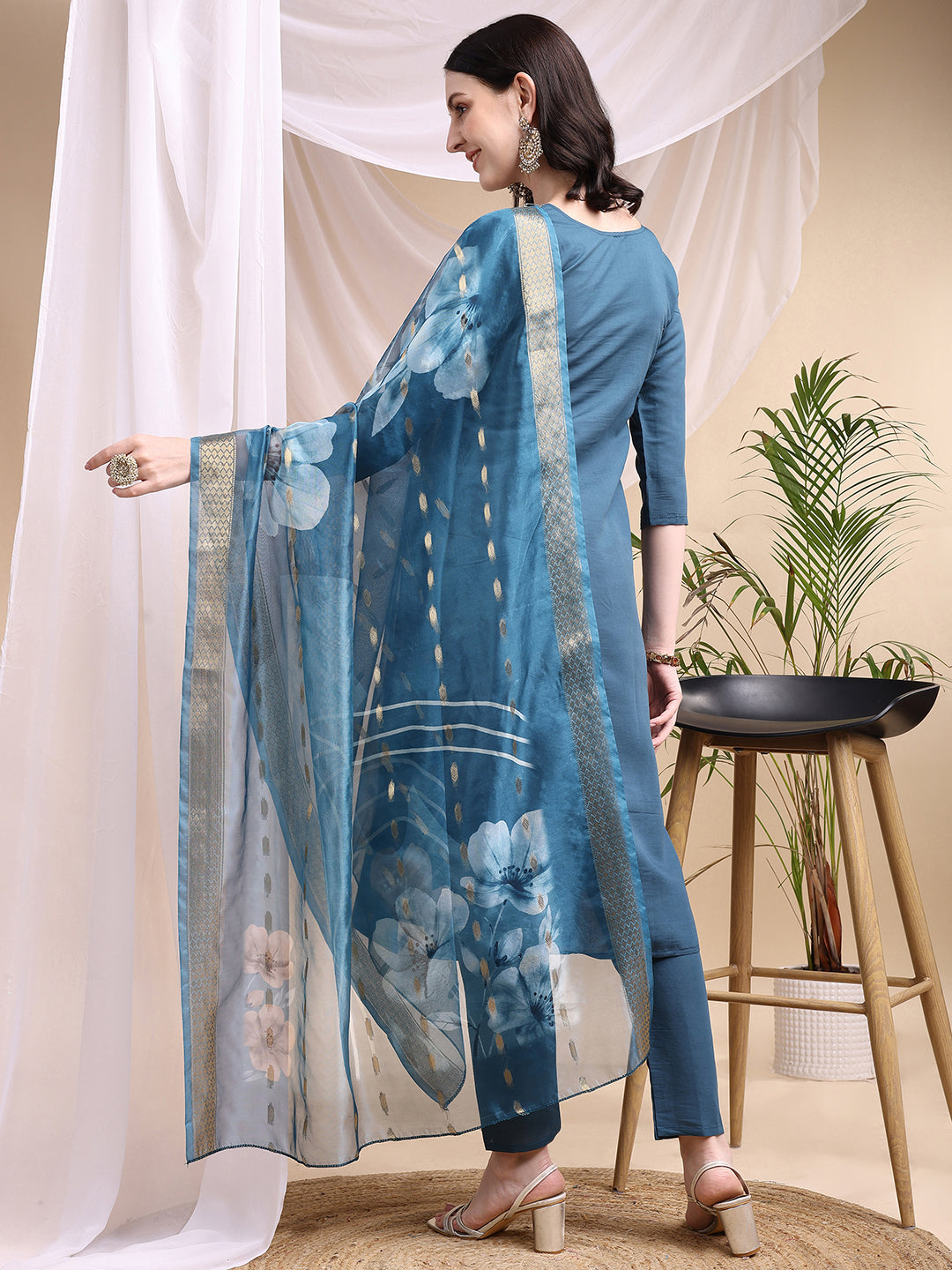 Embroidered Kurta With Pant & Printed Dupatta, Blue - Hiral Fashion