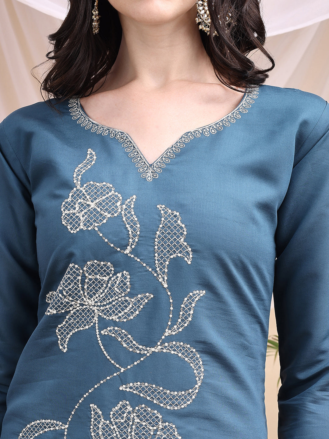 Embroidered Kurta With Pant & Printed Dupatta, Blue - Hiral Fashion