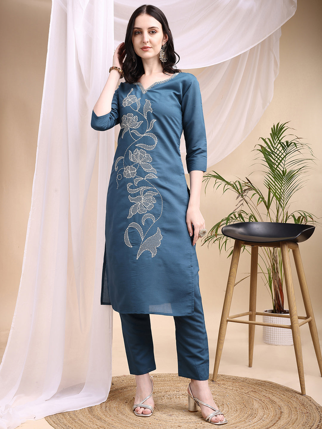 Embroidered Kurta With Pant & Printed Dupatta, Blue - Hiral Fashion