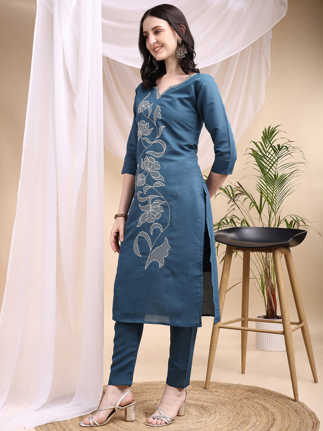 Embroidered Kurta With Pant & Printed Dupatta, Blue - Hiral Fashion
