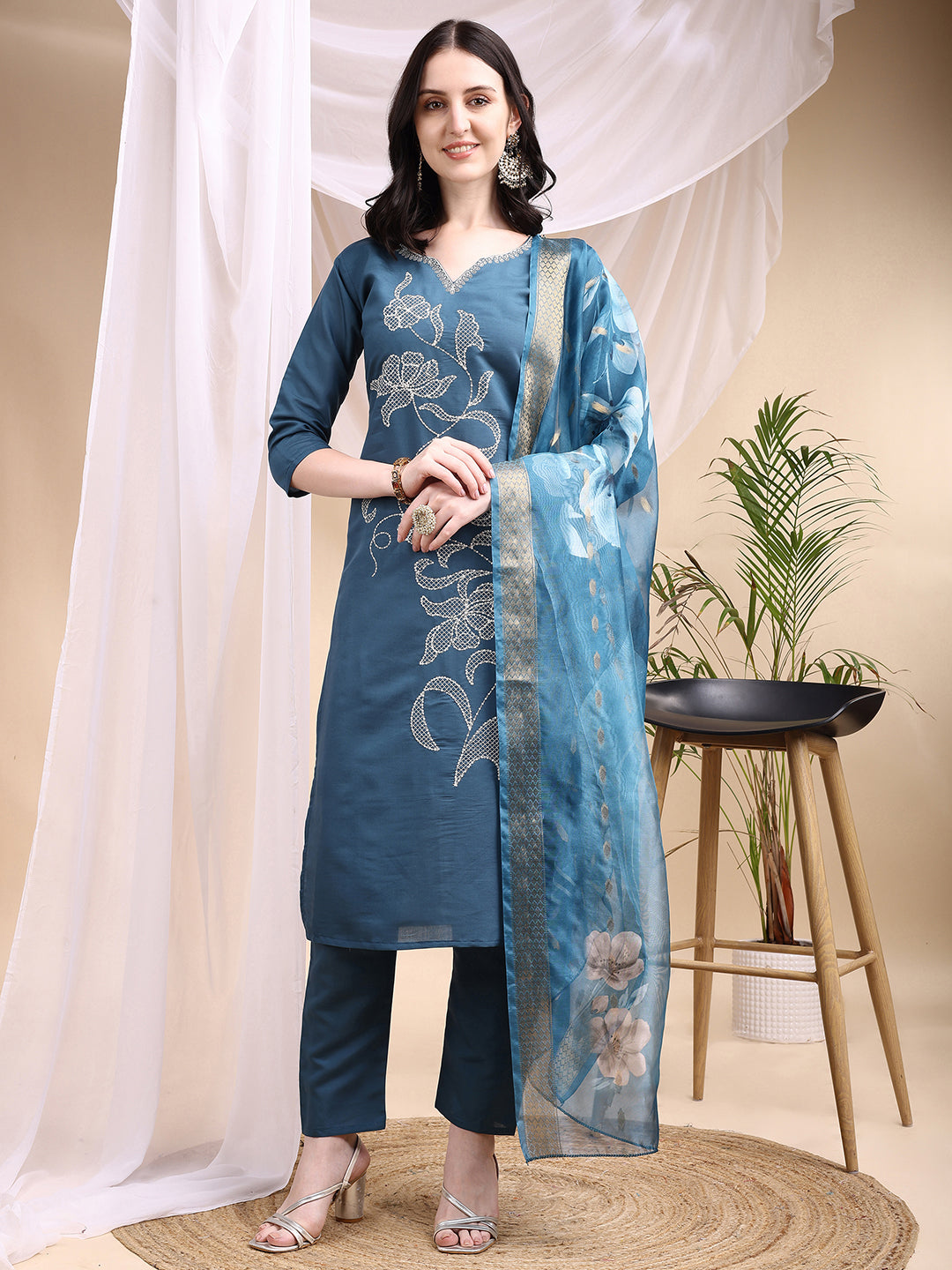 Embroidered Kurta With Pant & Printed Dupatta, Blue - Hiral Fashion