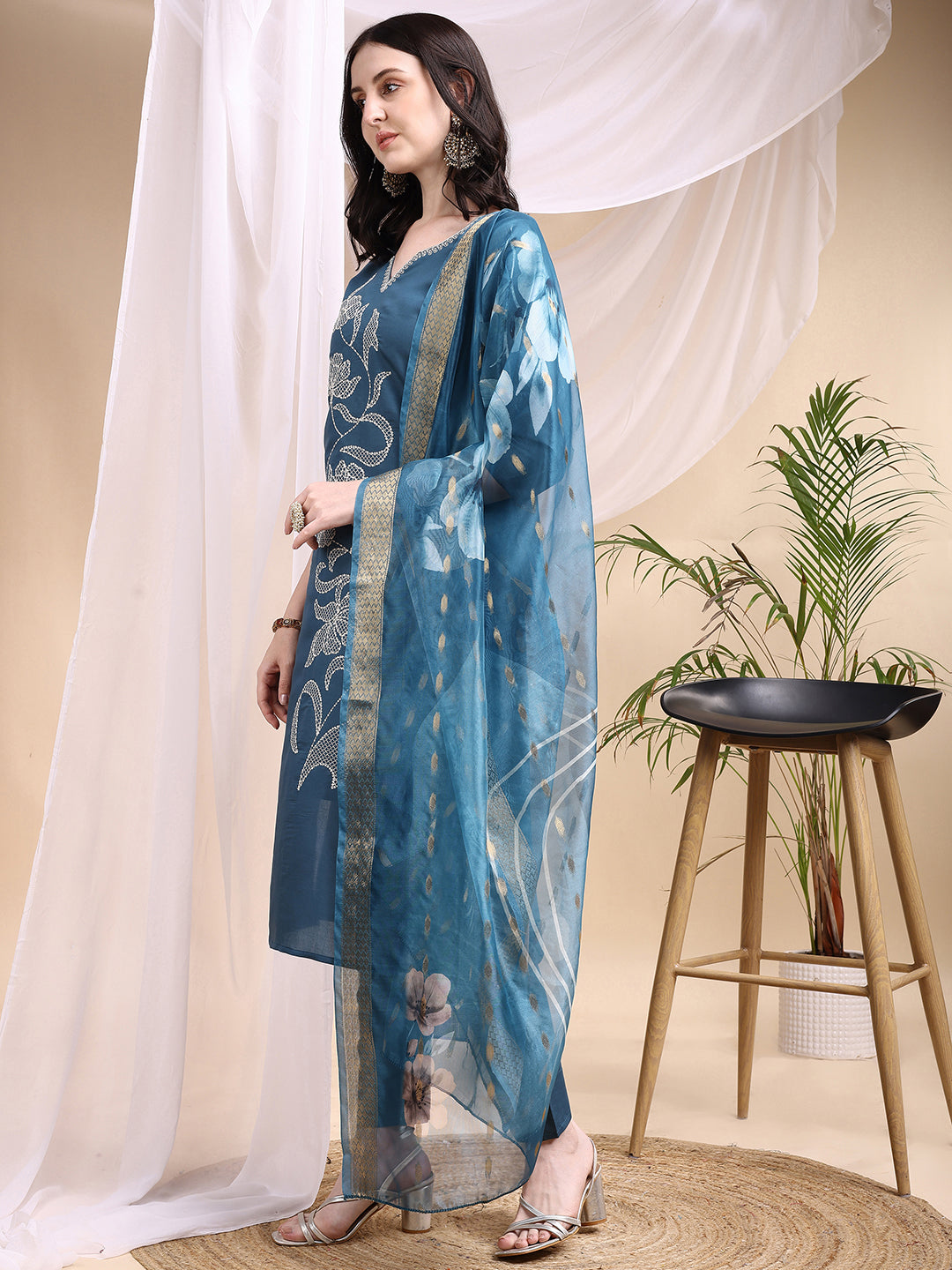 Embroidered Kurta With Pant & Printed Dupatta, Blue - Hiral Fashion
