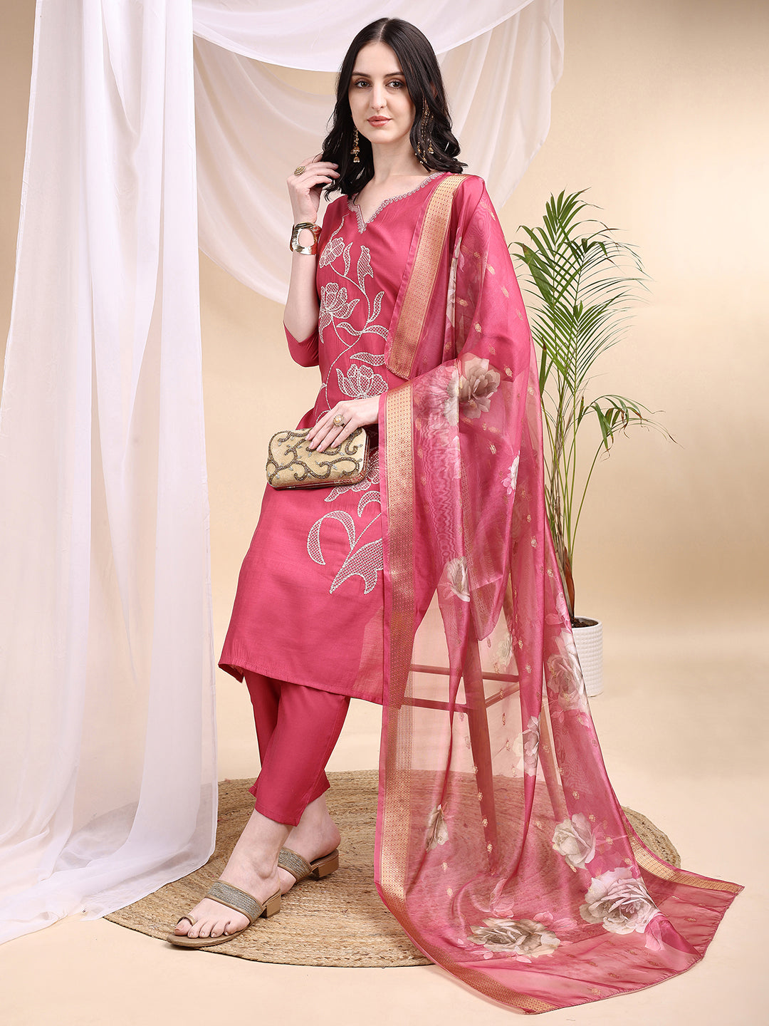 Embroidered Kurta With Pant & Printed Dupatta, Pink - Hiral Fashion