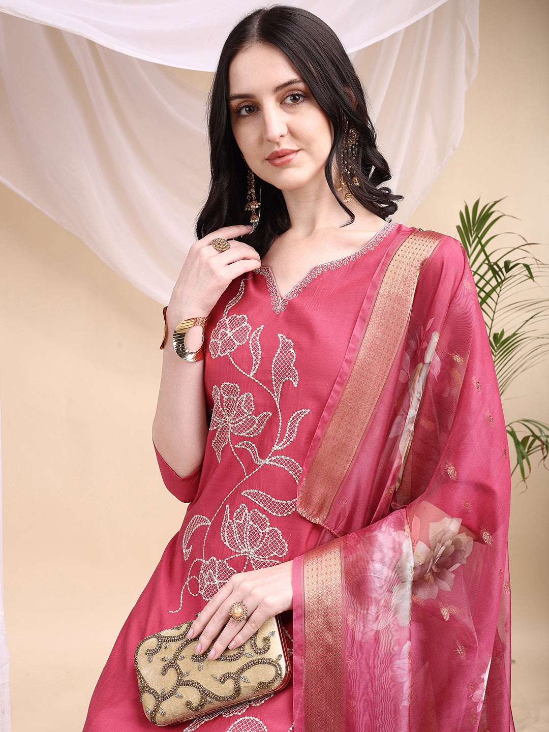 Embroidered Kurta With Pant & Printed Dupatta, Pink - Hiral Fashion