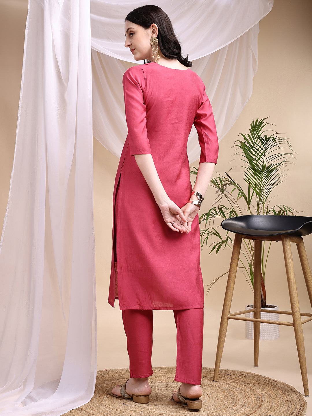 Embroidered Kurta With Pant & Printed Dupatta, Pink - Hiral Fashion