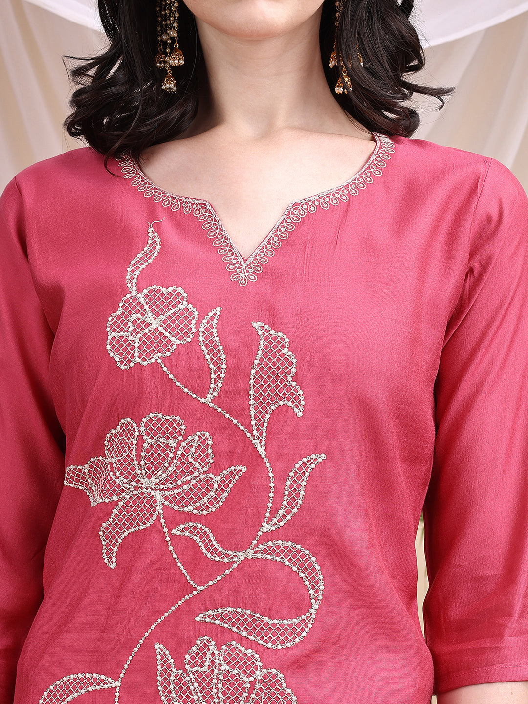Embroidered Kurta With Pant & Printed Dupatta, Pink - Hiral Fashion