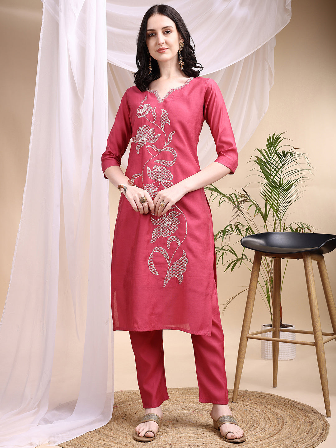 Embroidered Kurta With Pant & Printed Dupatta, Pink - Hiral Fashion
