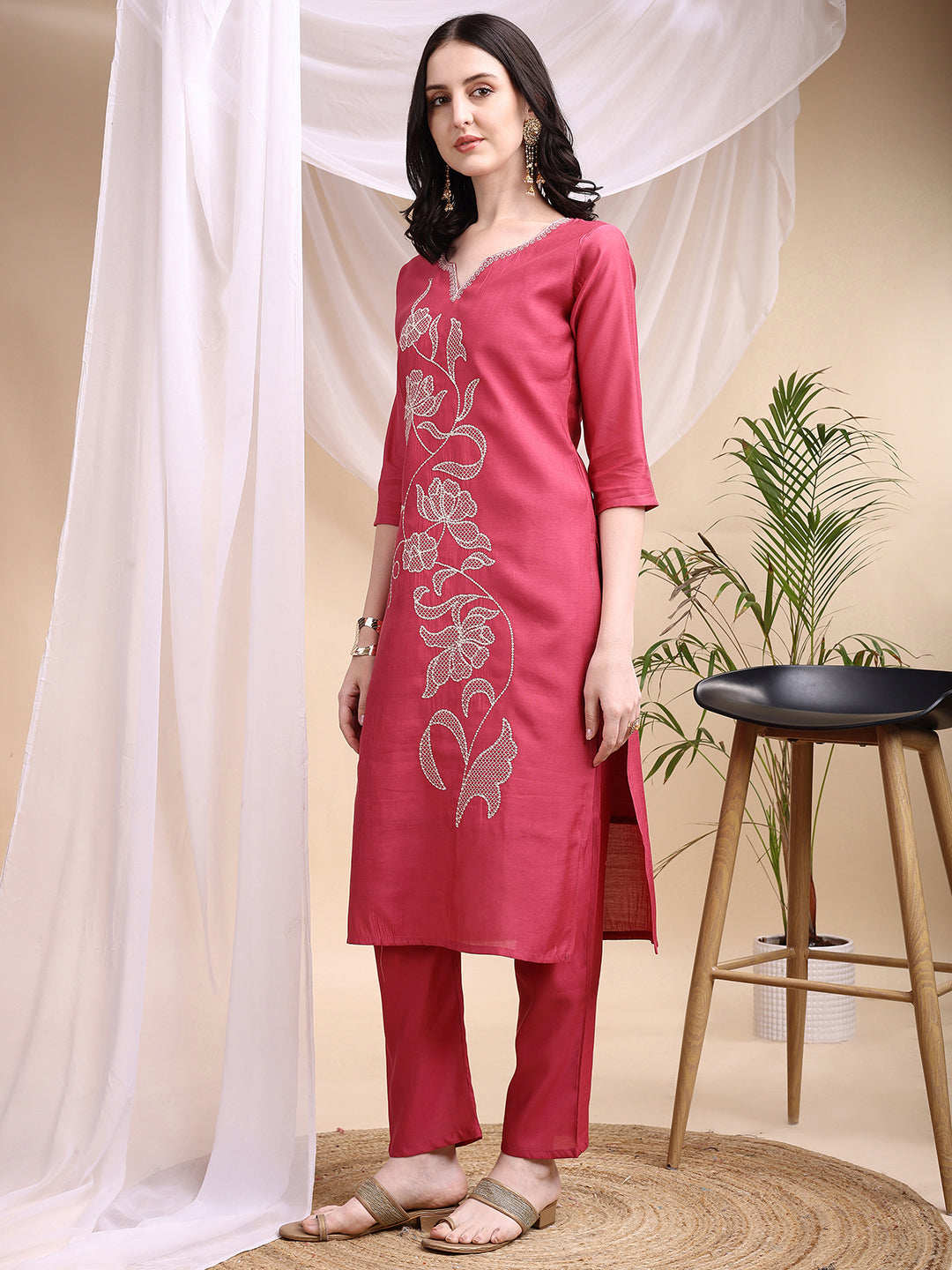 Embroidered Kurta With Pant & Printed Dupatta, Pink - Hiral Fashion