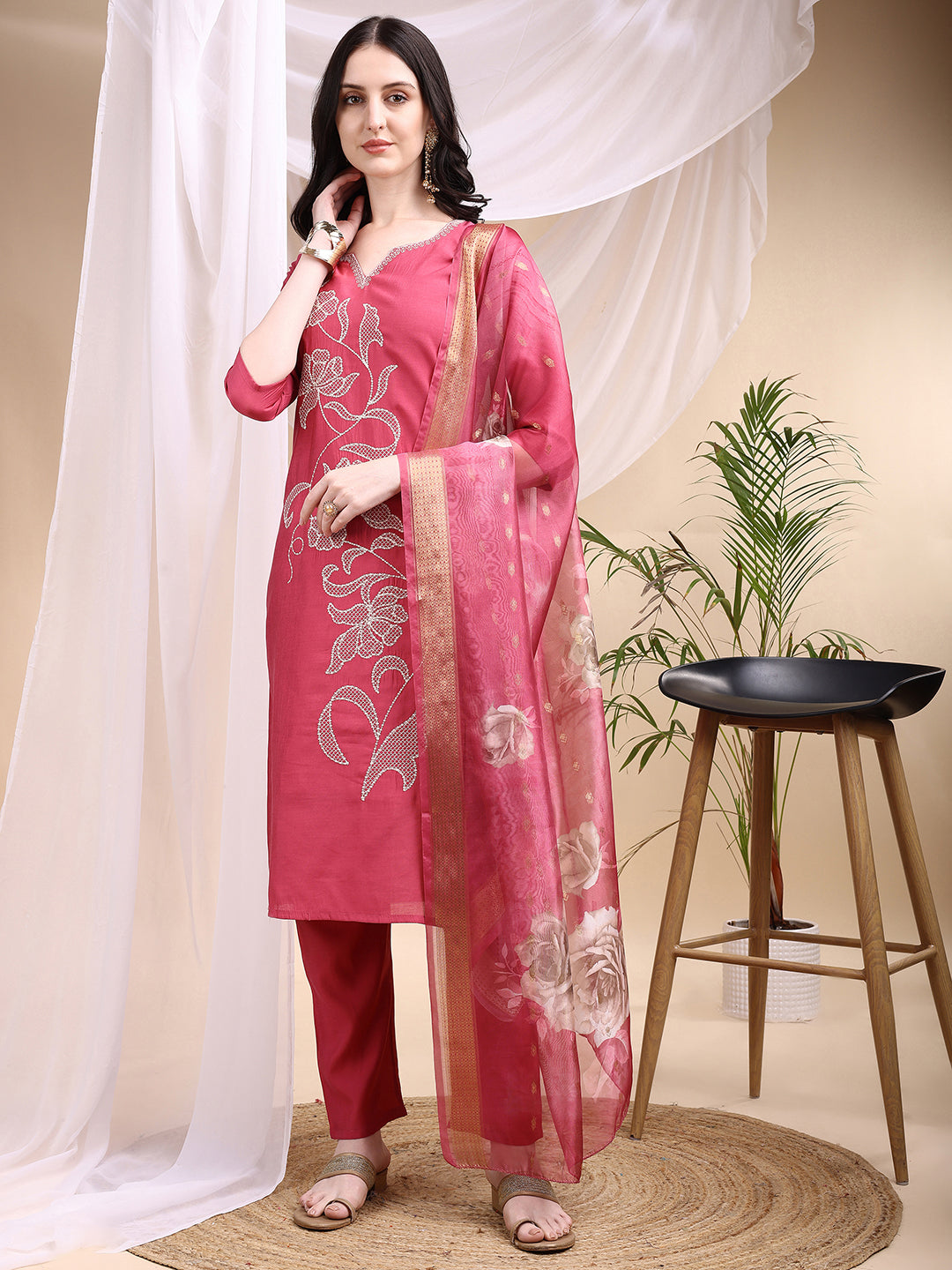 Embroidered Kurta With Pant & Printed Dupatta, Pink - Hiral Fashion