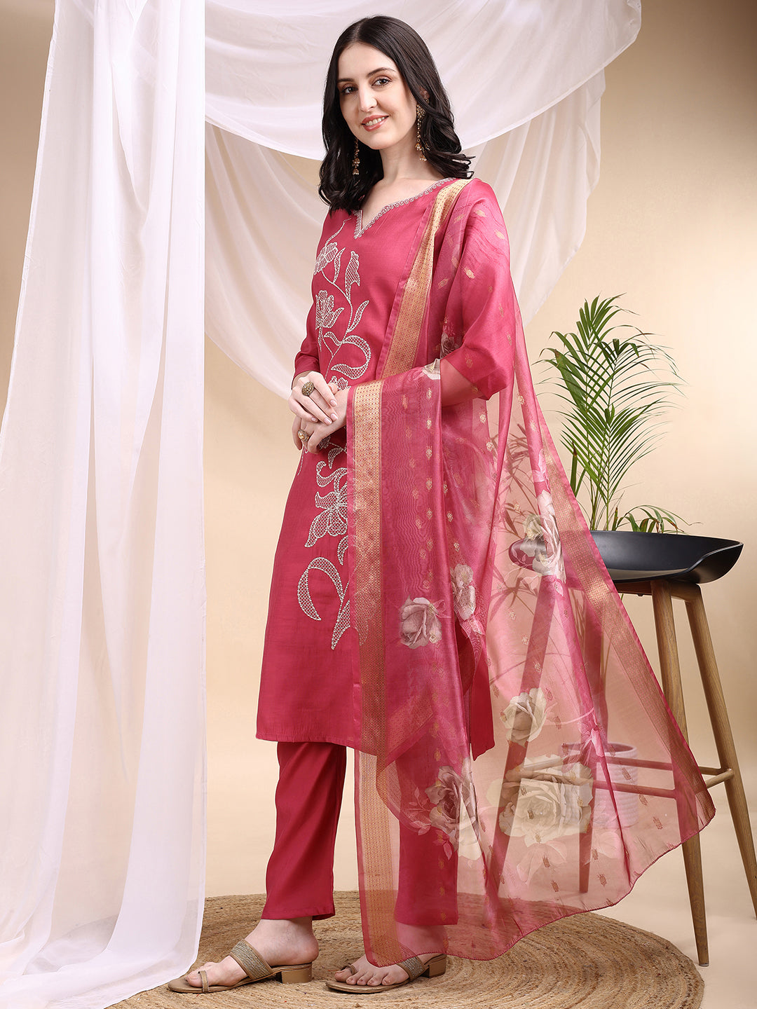 Embroidered Kurta With Pant & Printed Dupatta, Pink - Hiral Fashion