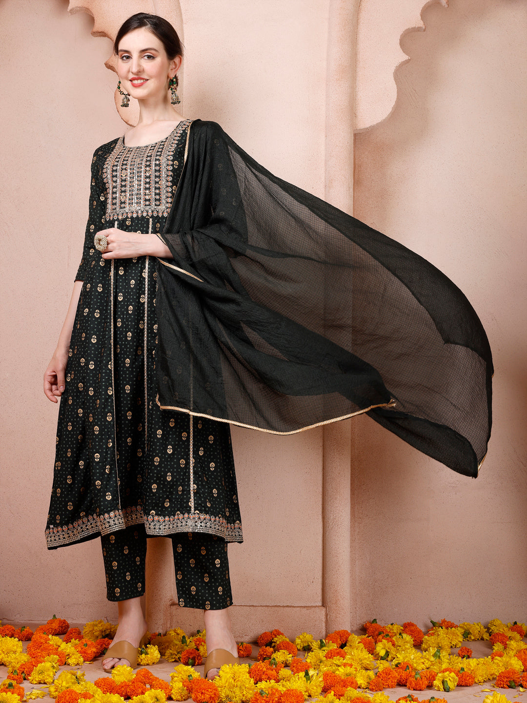 Nayra Cut Embroidered Kurta With Pant And Dupatta Set, Multicolor - Hiral Fashion