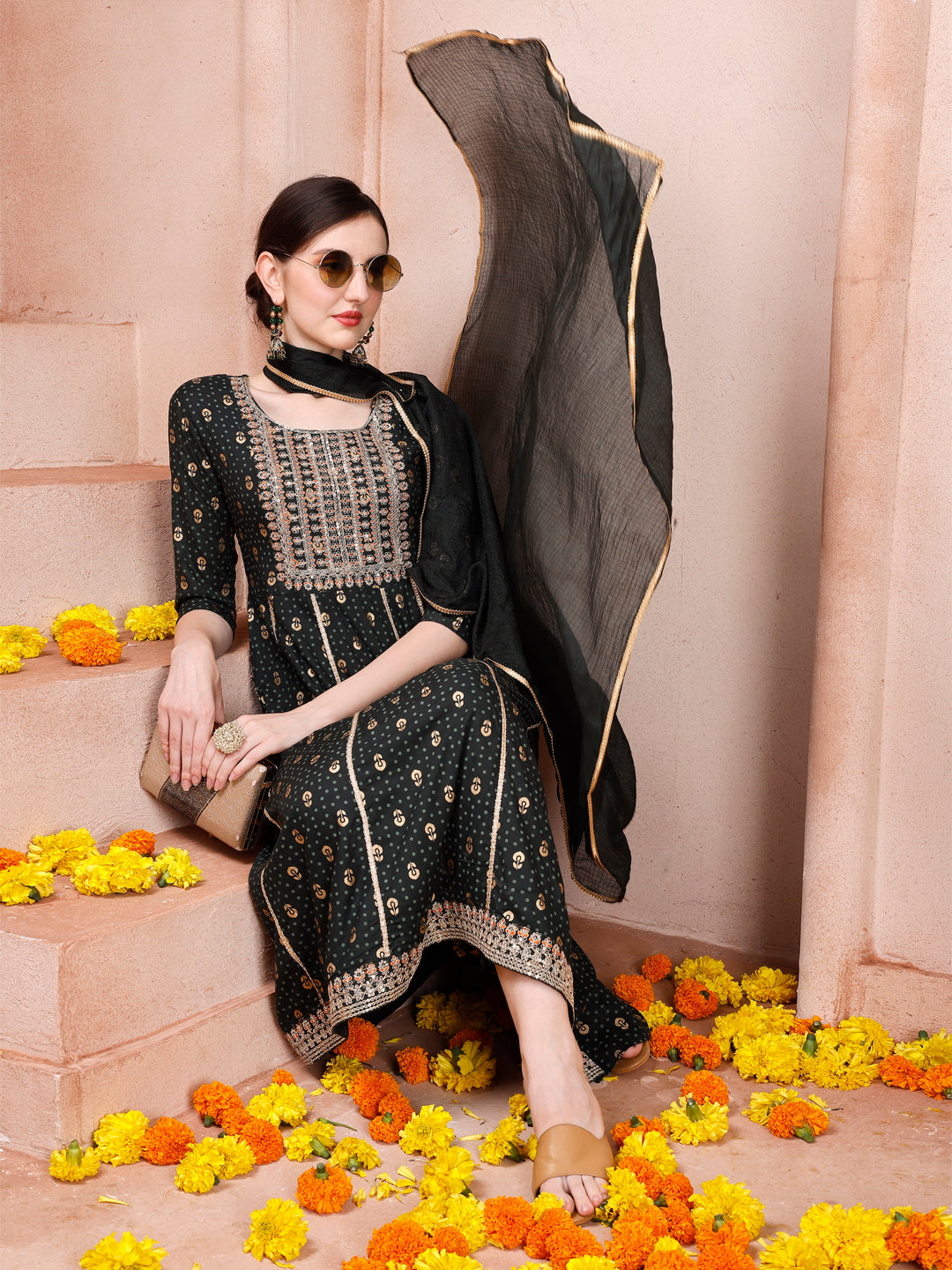 Nayra Cut Embroidered Kurta With Pant And Dupatta Set, Multicolor - Hiral Fashion