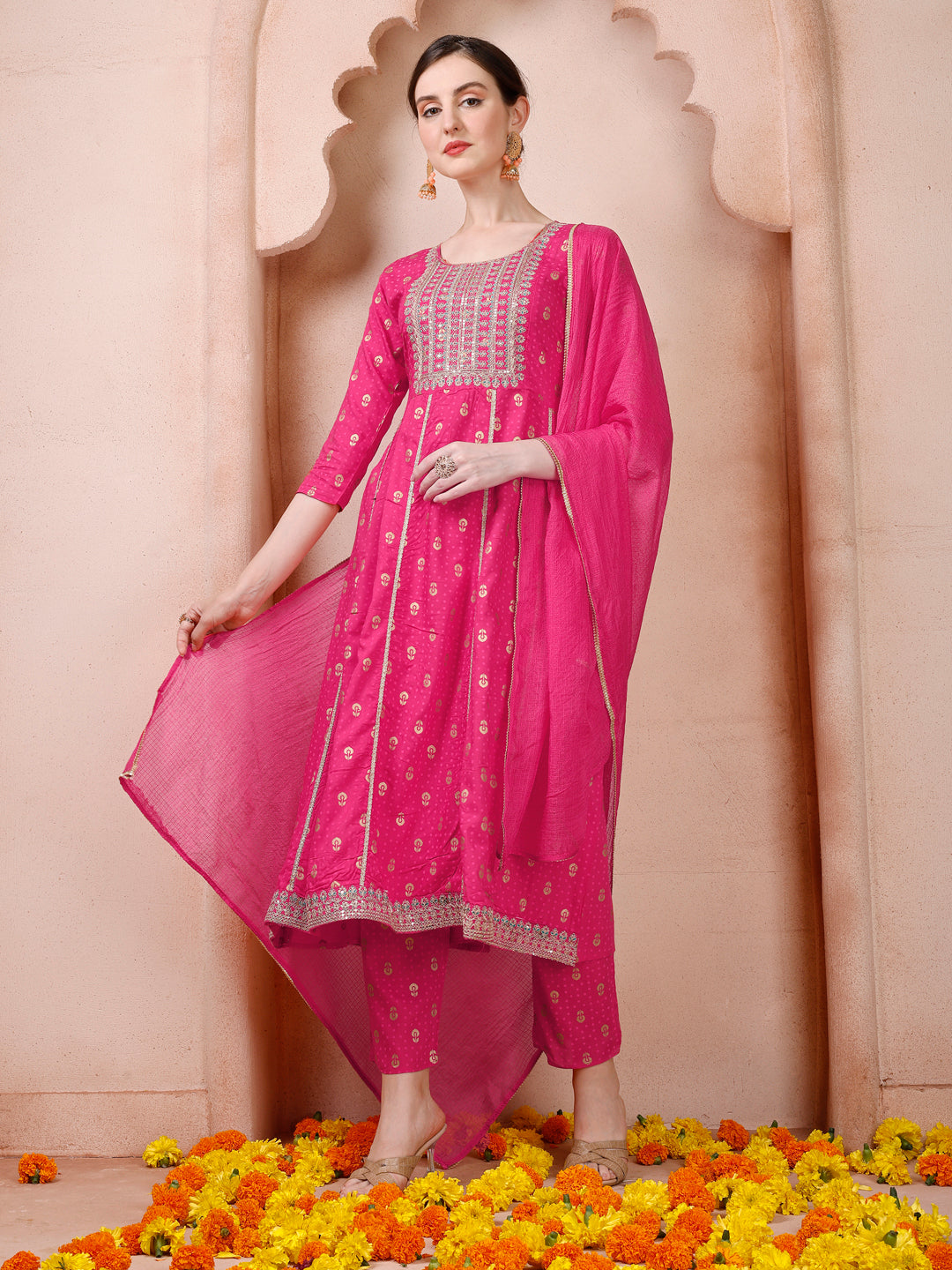 Nayra Cut Embroidered Kurta With Pant And Dupatta Set, Multicolor - Hiral Fashion