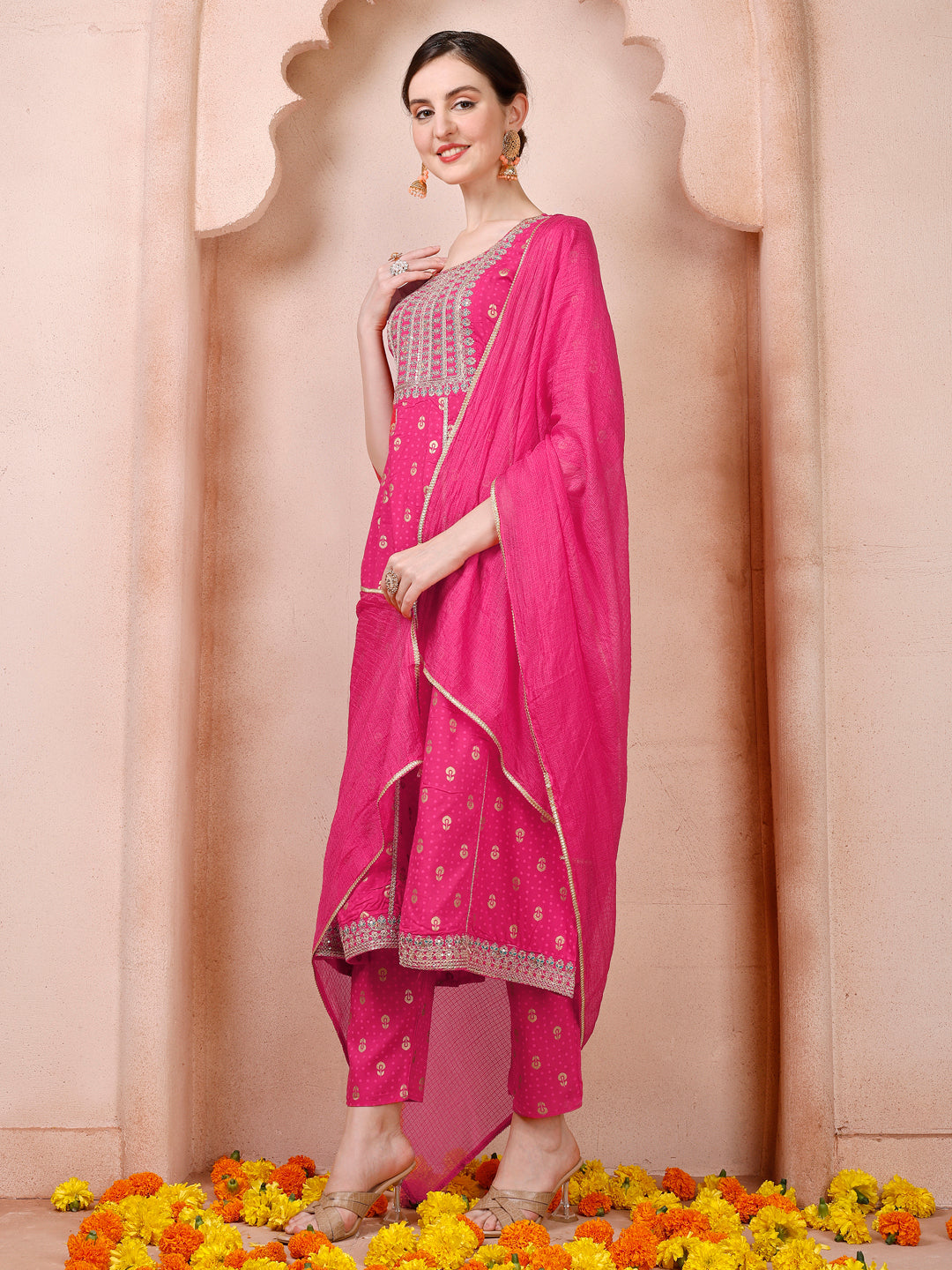 Nayra Cut Embroidered Kurta With Pant And Dupatta Set, Multicolor - Hiral Fashion