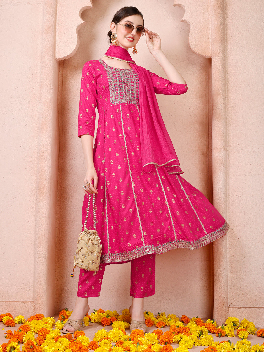 Nayra Cut Embroidered Kurta With Pant And Dupatta Set, Multicolor - Hiral Fashion