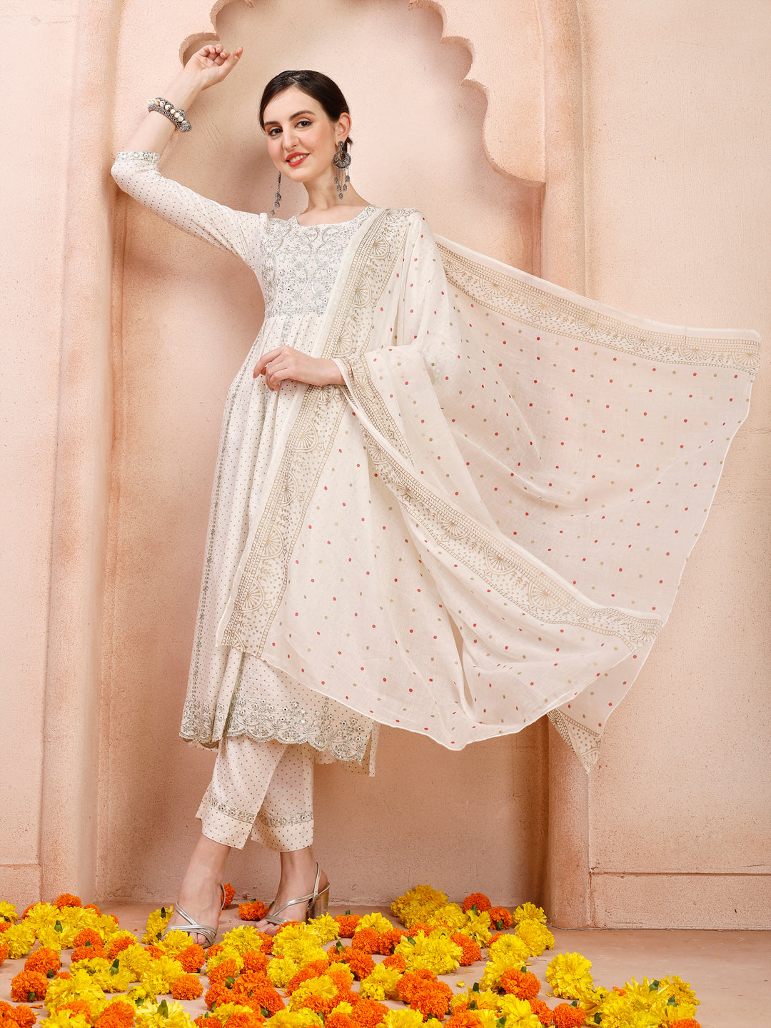 Nayra Cut Embroidered Kurta With Pant And Dupatta Set, Multicolor - Hiral Fashion