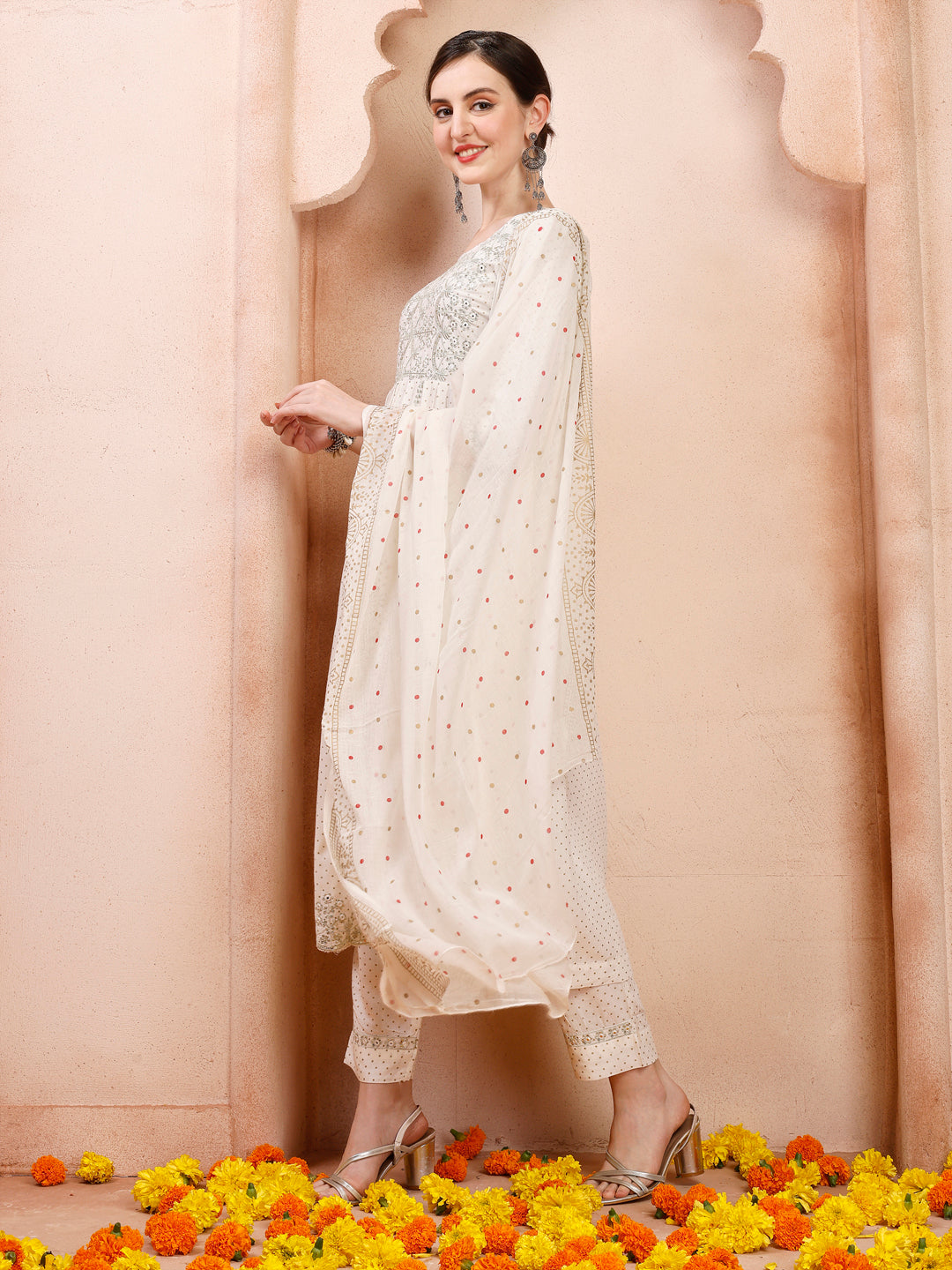 Nayra Cut Embroidered Kurta With Pant And Dupatta Set, Multicolor - Hiral Fashion