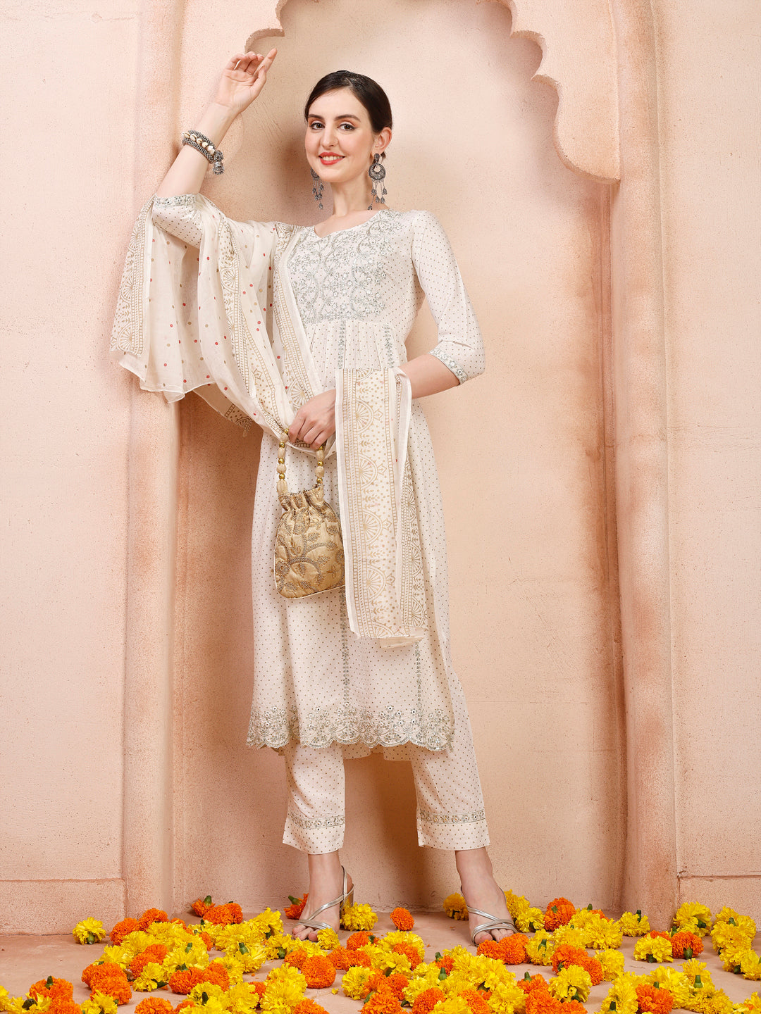 Nayra Cut Embroidered Kurta With Pant And Dupatta Set, Multicolor - Hiral Fashion