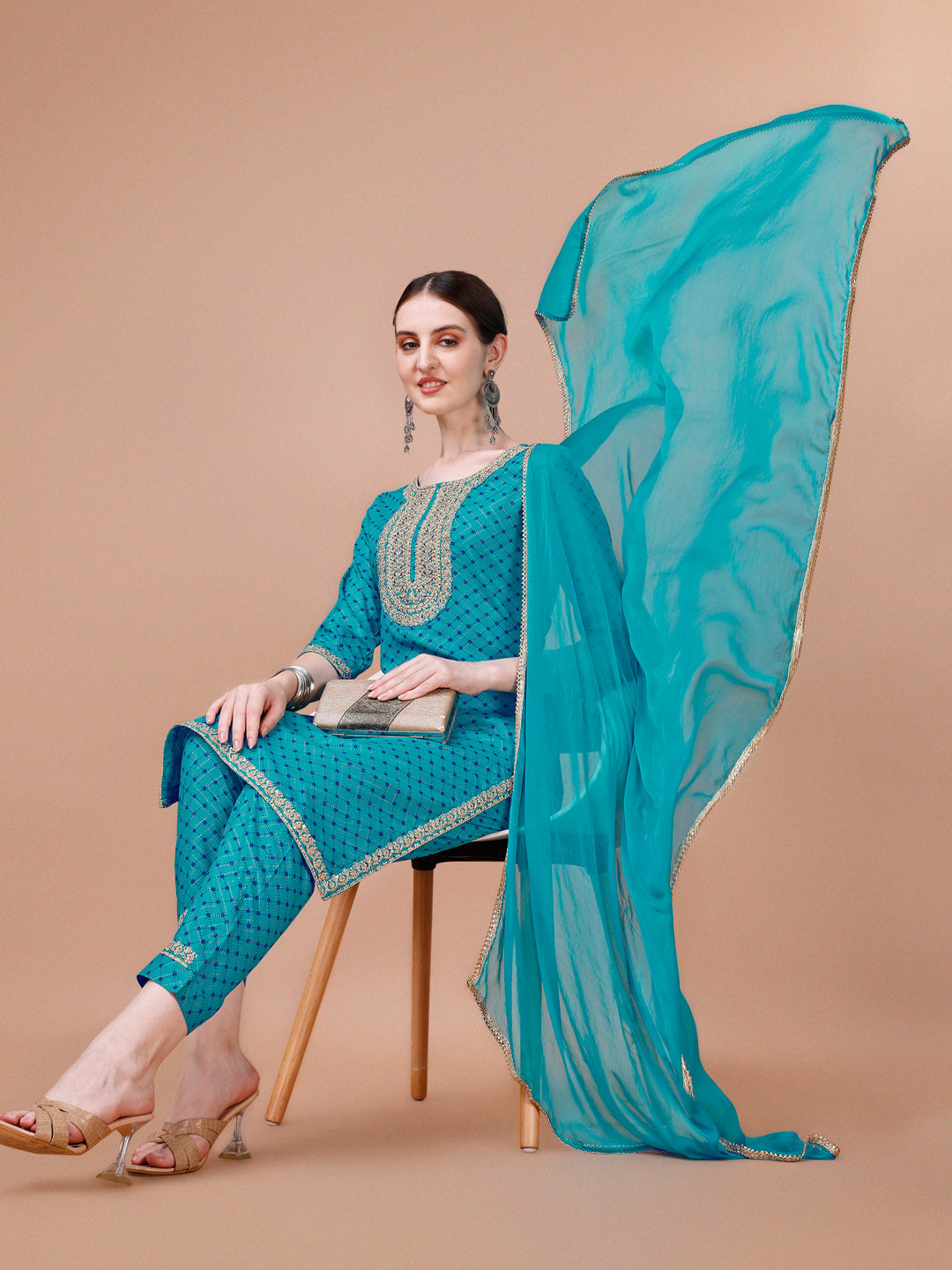 Printed & Embroidered Kurta With Pant And Dupatta Set, Multicolor - Hiral Fashion