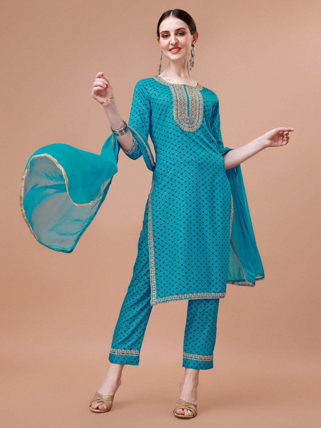 Printed & Embroidered Kurta With Pant And Dupatta Set, Multicolor - Hiral Fashion