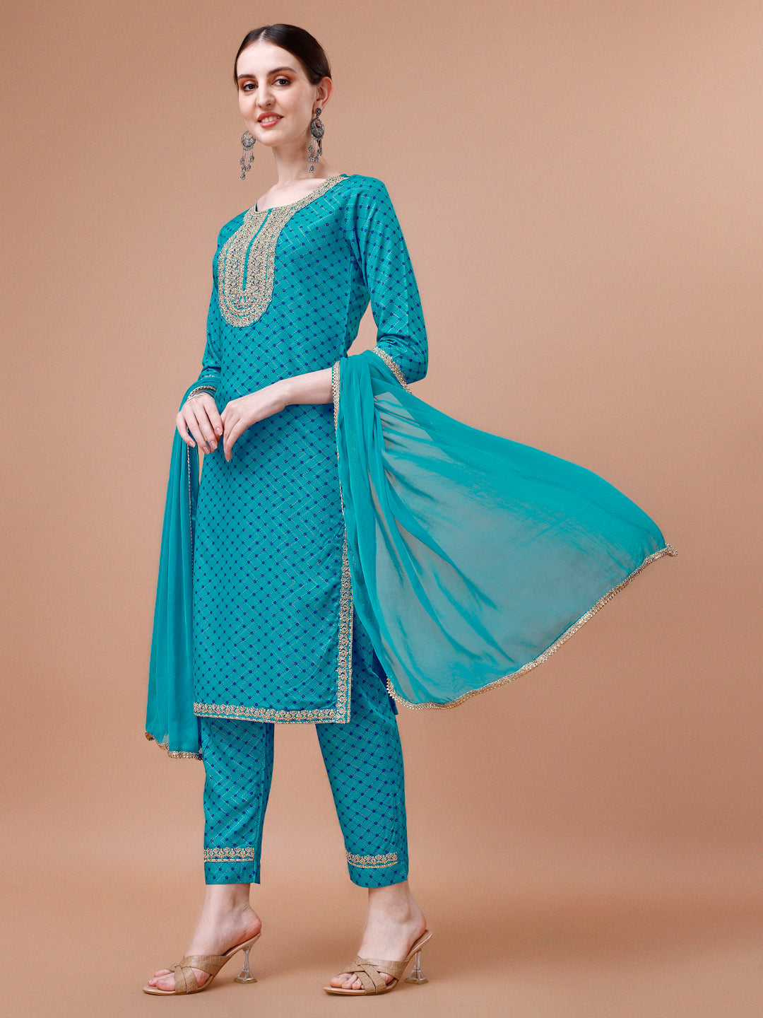 Printed & Embroidered Kurta With Pant And Dupatta Set, Multicolor - Hiral Fashion