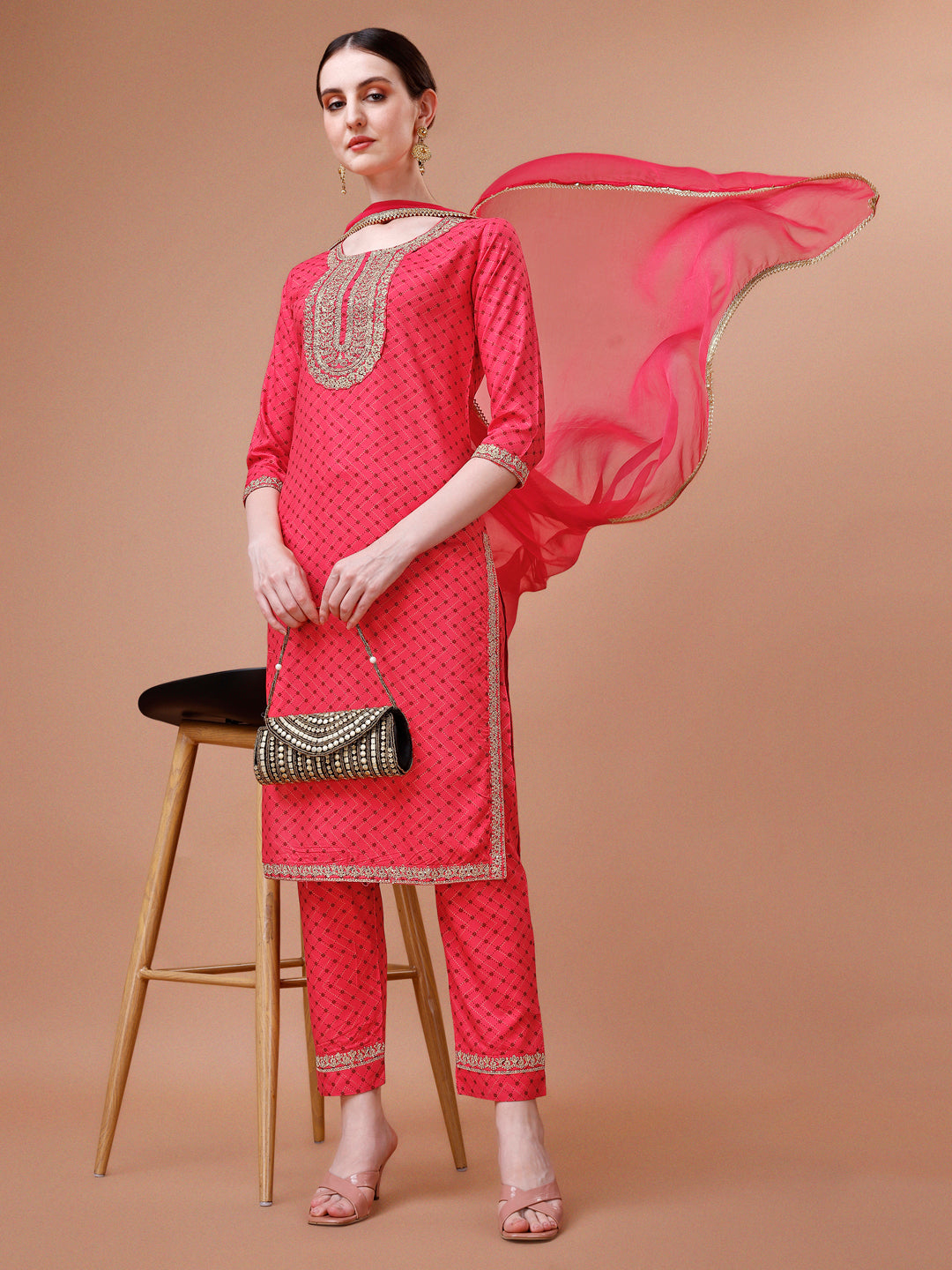 Printed & Embroidered Kurta With Pant And Dupatta Set, Multicolor - Hiral Fashion