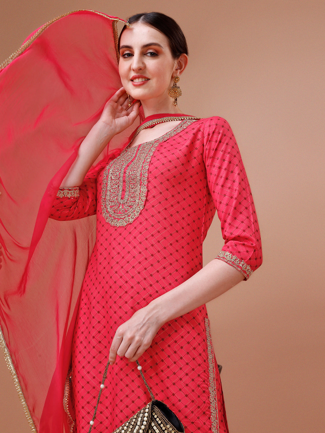 Printed & Embroidered Kurta With Pant And Dupatta Set, Multicolor - Hiral Fashion