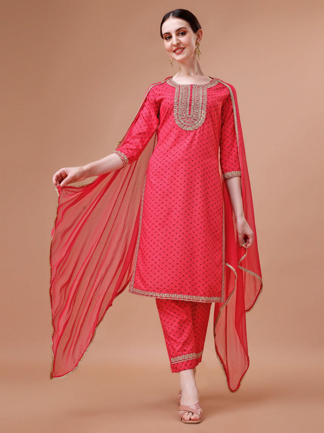 Printed & Embroidered Kurta With Pant And Dupatta Set, Multicolor - Hiral Fashion