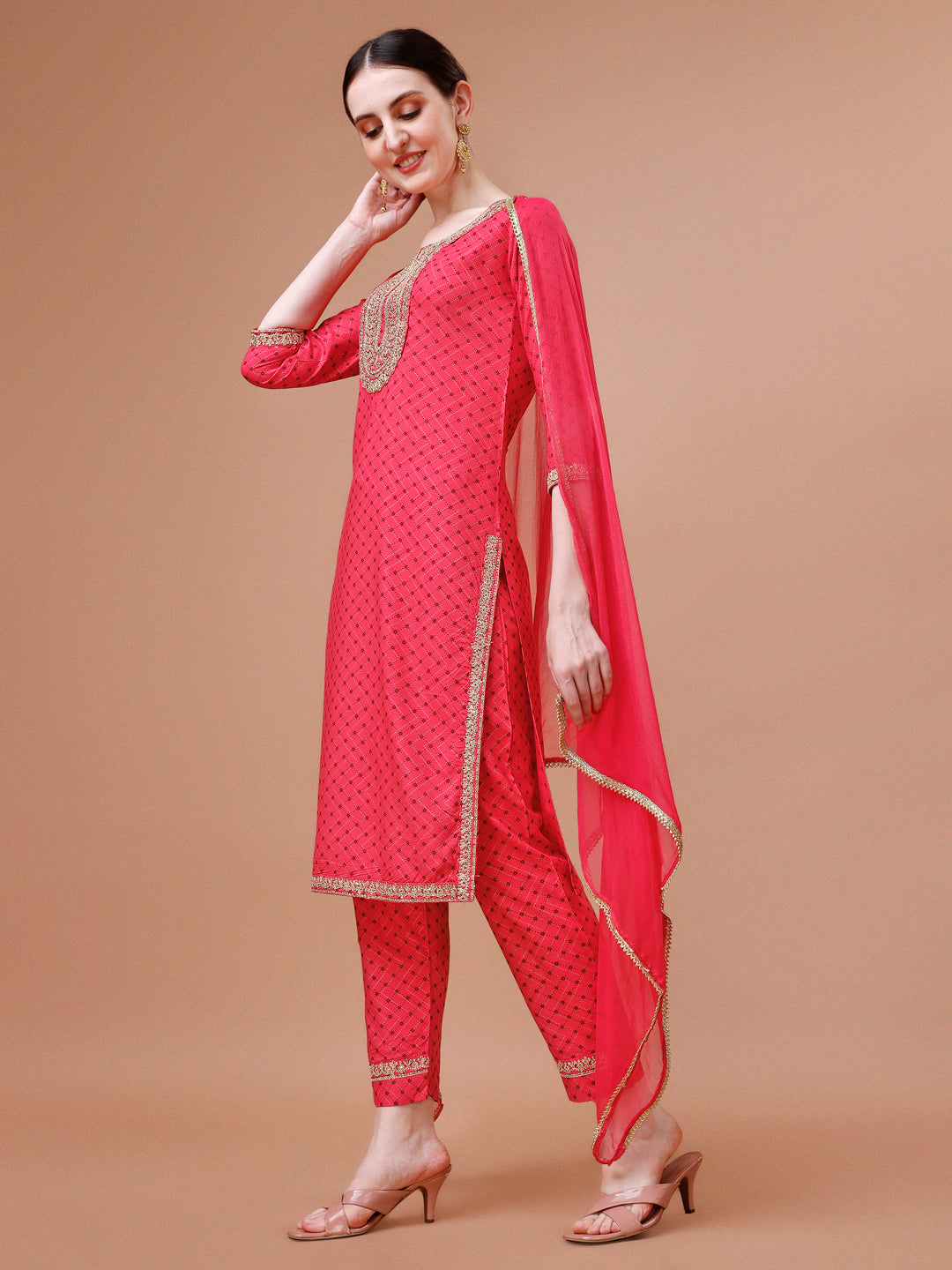 Printed & Embroidered Kurta With Pant And Dupatta Set, Multicolor - Hiral Fashion