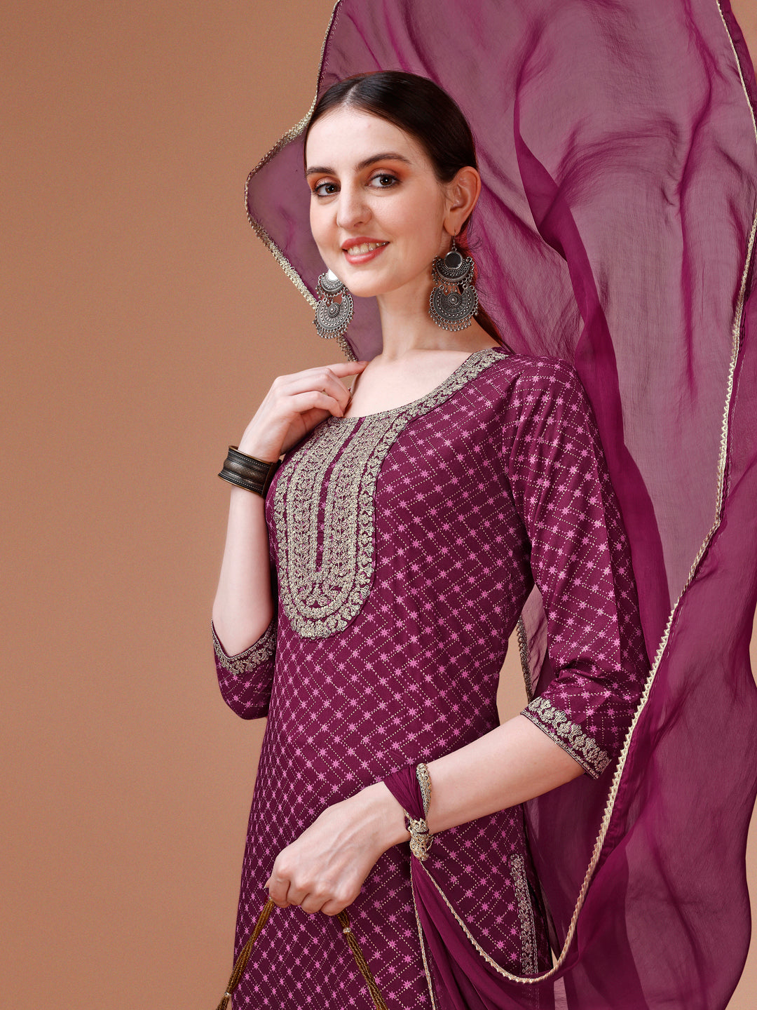 Printed & Embroidered Kurta With Pant And Dupatta Set, Multicolor - Hiral Fashion