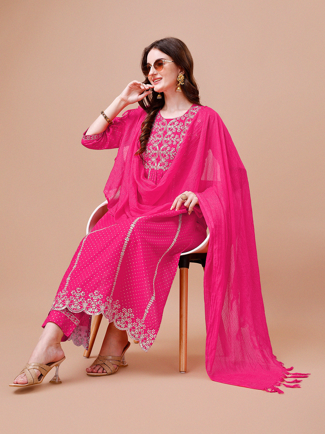 Nyra Cut Embroidered Rayon Kurta With Pant & Dupatta, Multicolor - Hiral Fashion