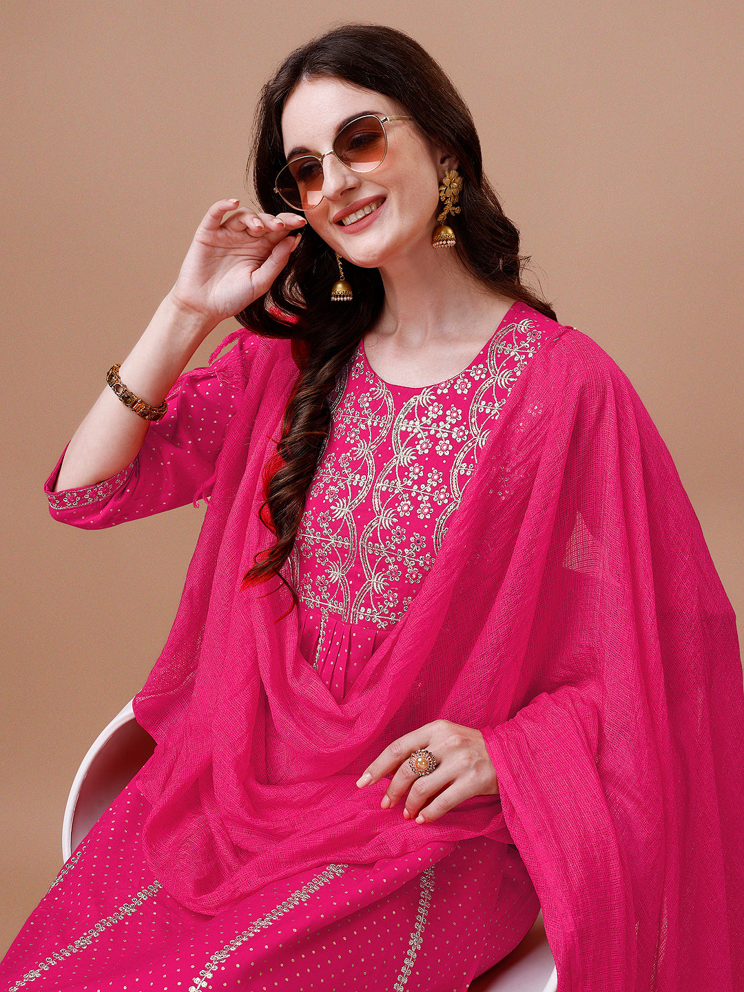 Nyra Cut Embroidered Rayon Kurta With Pant & Dupatta, Multicolor - Hiral Fashion