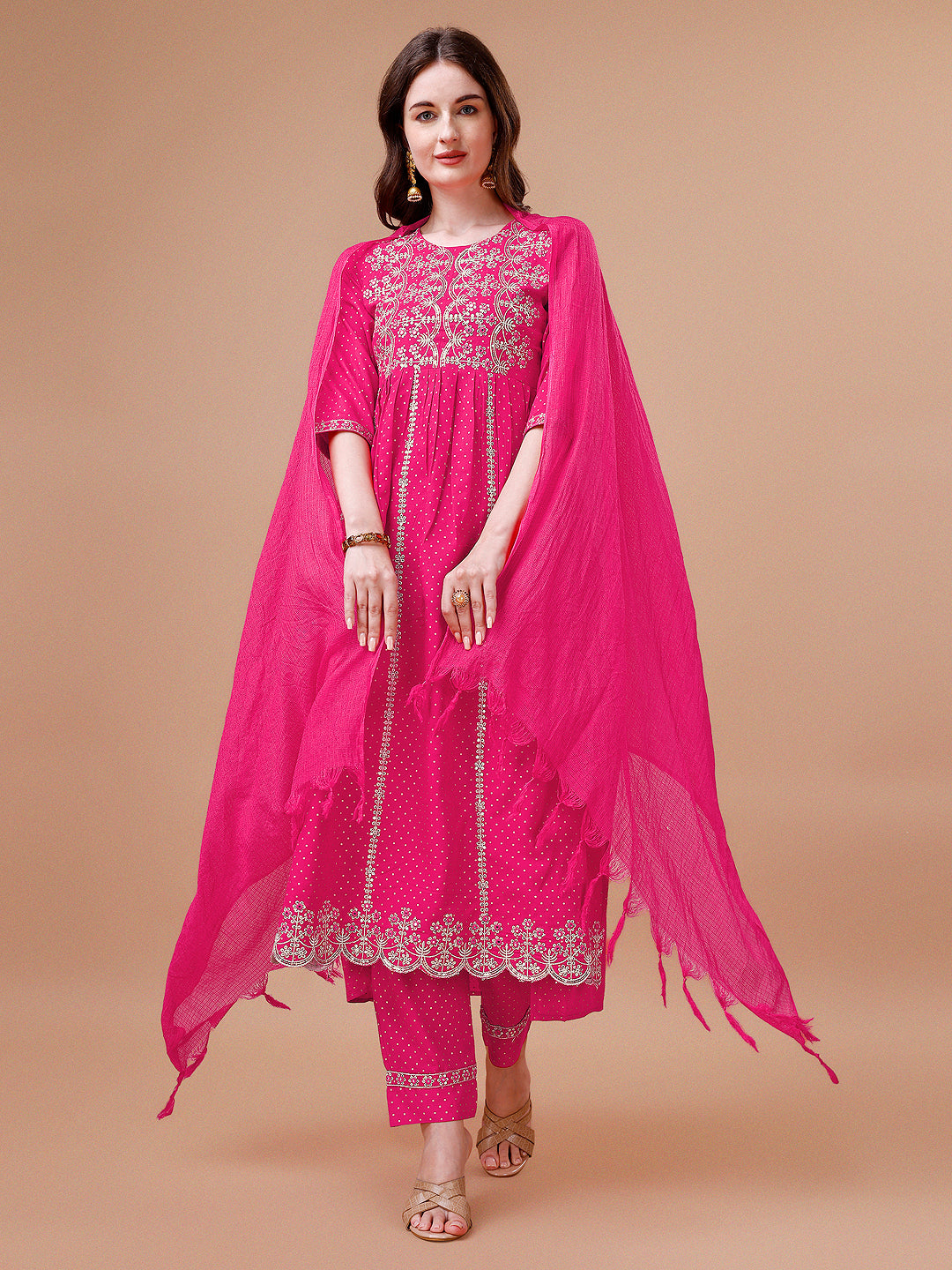 Nyra Cut Embroidered Rayon Kurta With Pant & Dupatta, Multicolor - Hiral Fashion