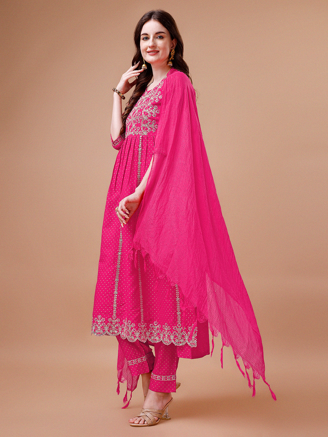Nyra Cut Embroidered Rayon Kurta With Pant & Dupatta, Multicolor - Hiral Fashion