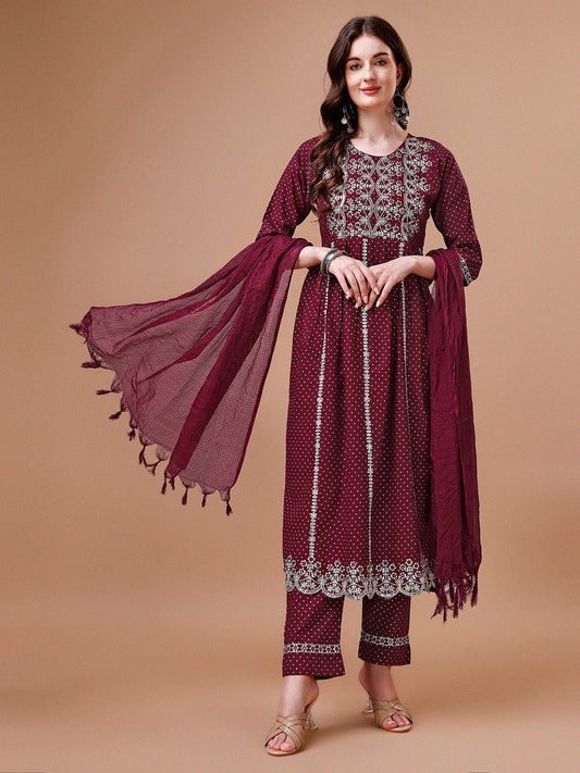 Nyra Cut Embroidered Rayon Kurta With Pant & Dupatta, Multicolor - Hiral Fashion