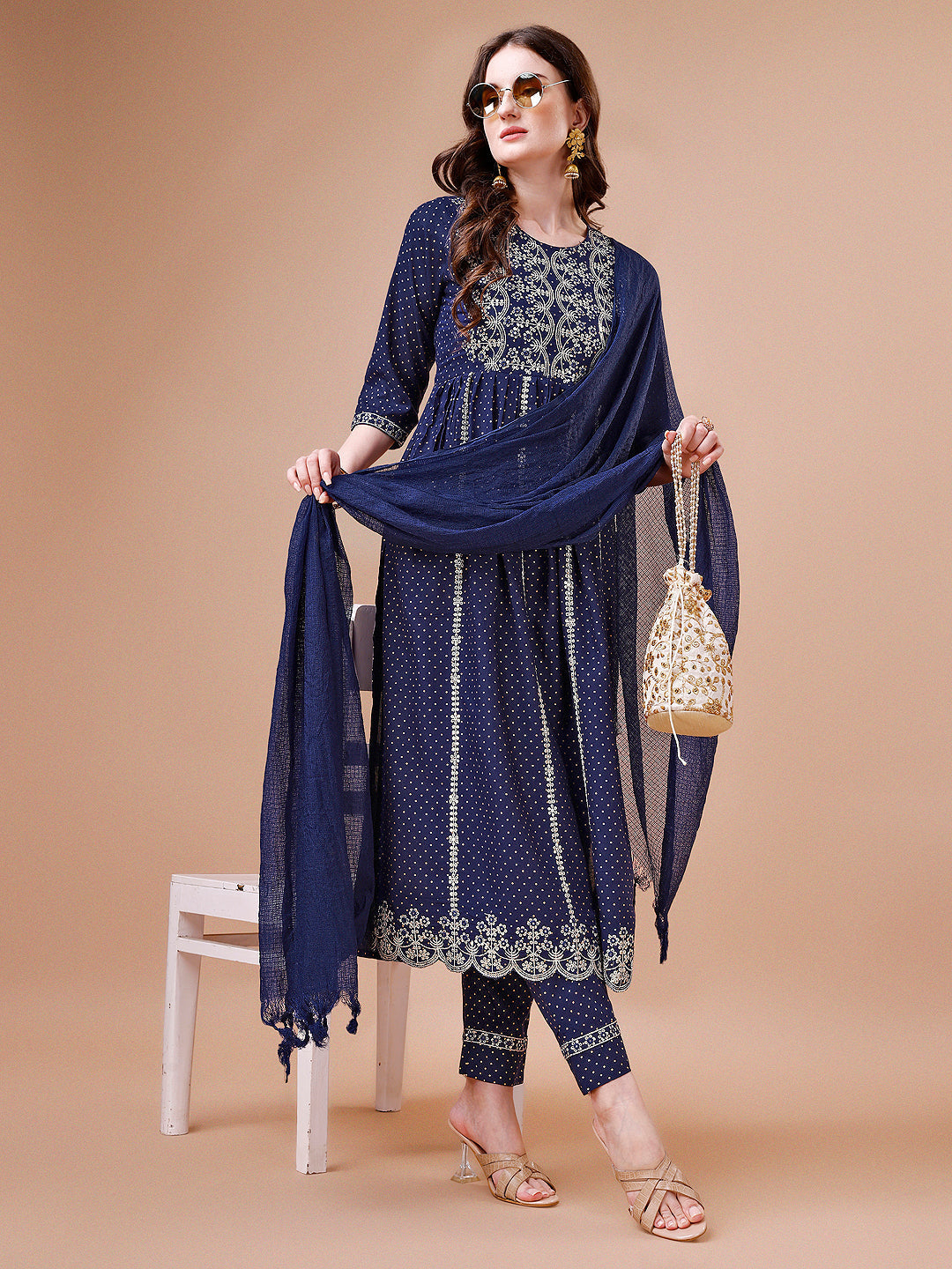 Nyra Cut Embroidered Rayon Kurta With Pant & Dupatta, Multicolor - Hiral Fashion