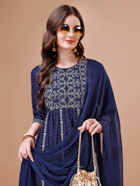Nyra Cut Embroidered Rayon Kurta With Pant & Dupatta, Multicolor - Hiral Fashion