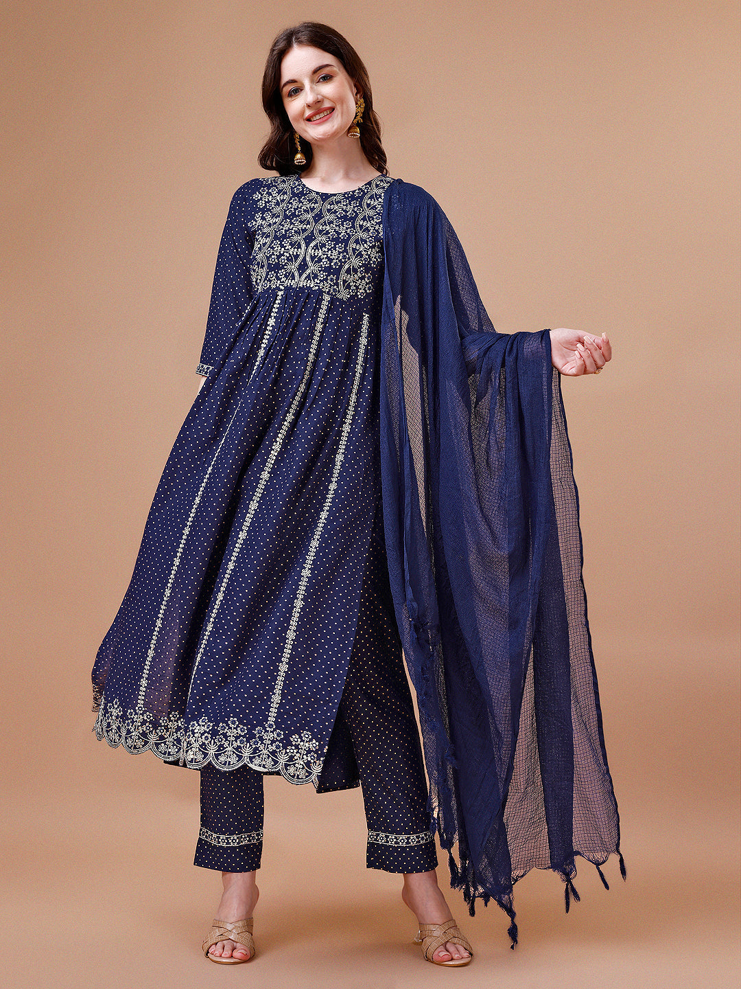 Nyra Cut Embroidered Rayon Kurta With Pant & Dupatta, Multicolor - Hiral Fashion