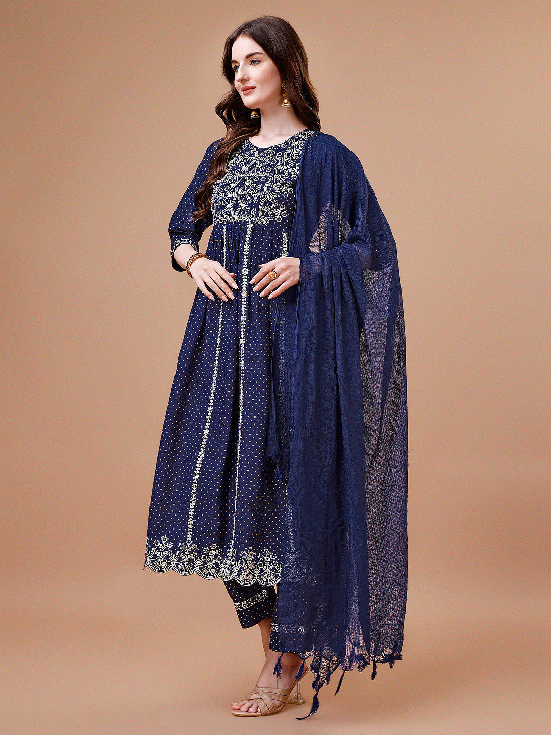 Nyra Cut Embroidered Rayon Kurta With Pant & Dupatta, Multicolor - Hiral Fashion