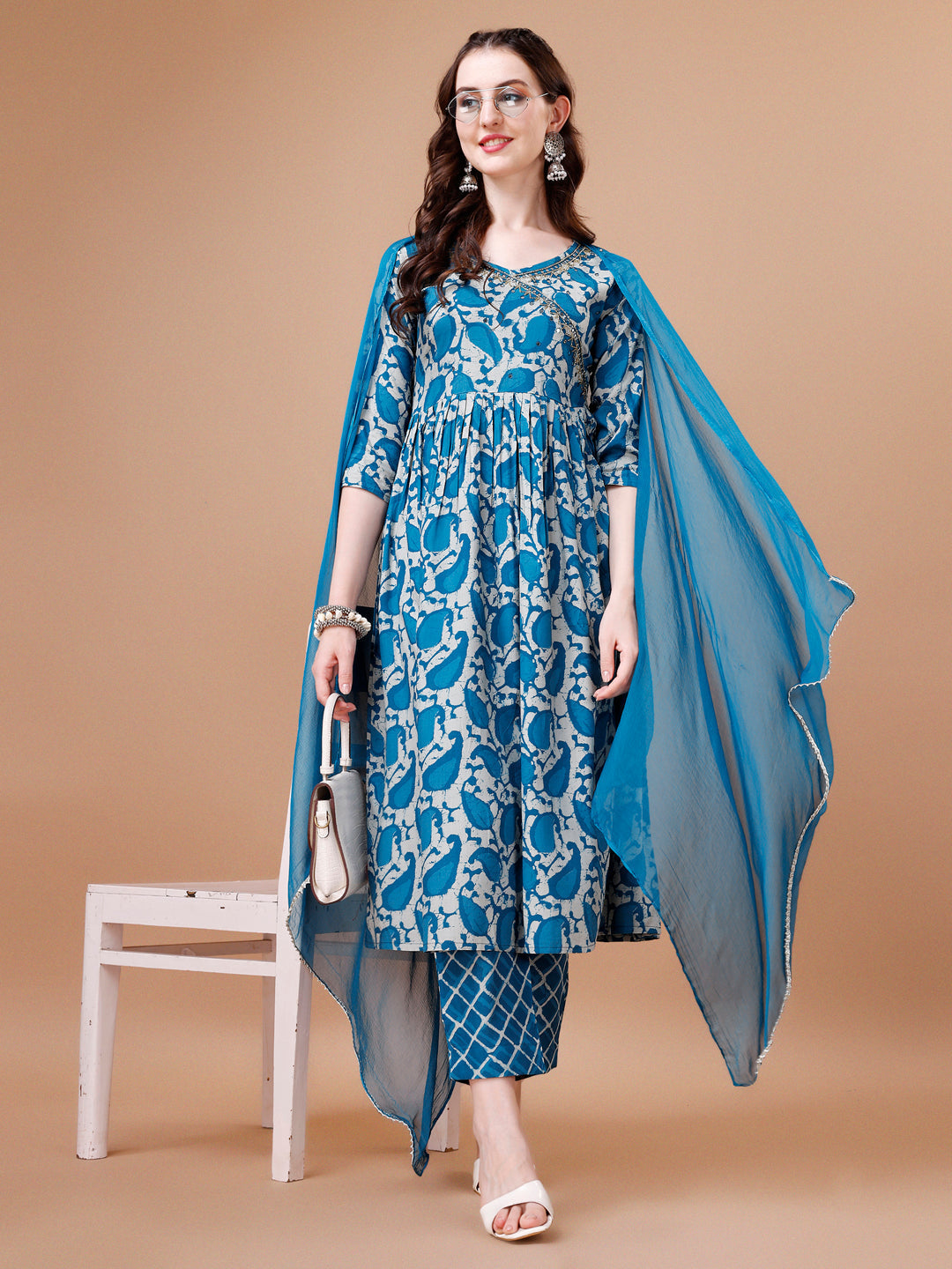 Embroidered Angrakha Style Printed & Flared Anarkali Kurta With Pant & Dupatta Set, Multicolor - Hiral Fashion