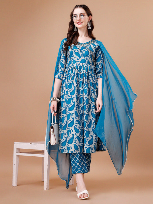 Embroidered Angrakha Style Printed & Flared Anarkali Kurta With Pant & Dupatta Set, Multicolor - Hiral Fashion
