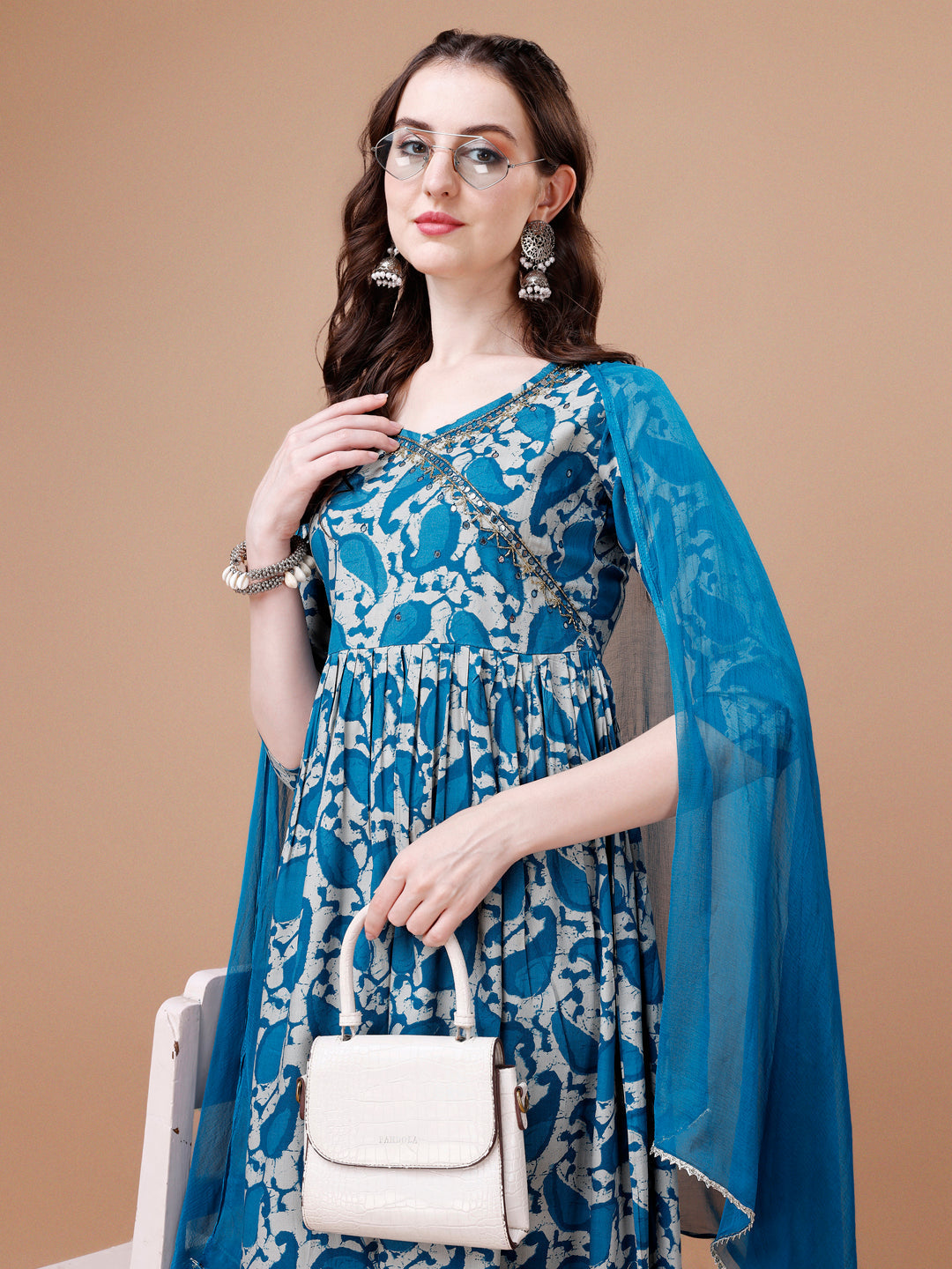 Embroidered Angrakha Style Printed & Flared Anarkali Kurta With Pant & Dupatta Set, Multicolor - Hiral Fashion