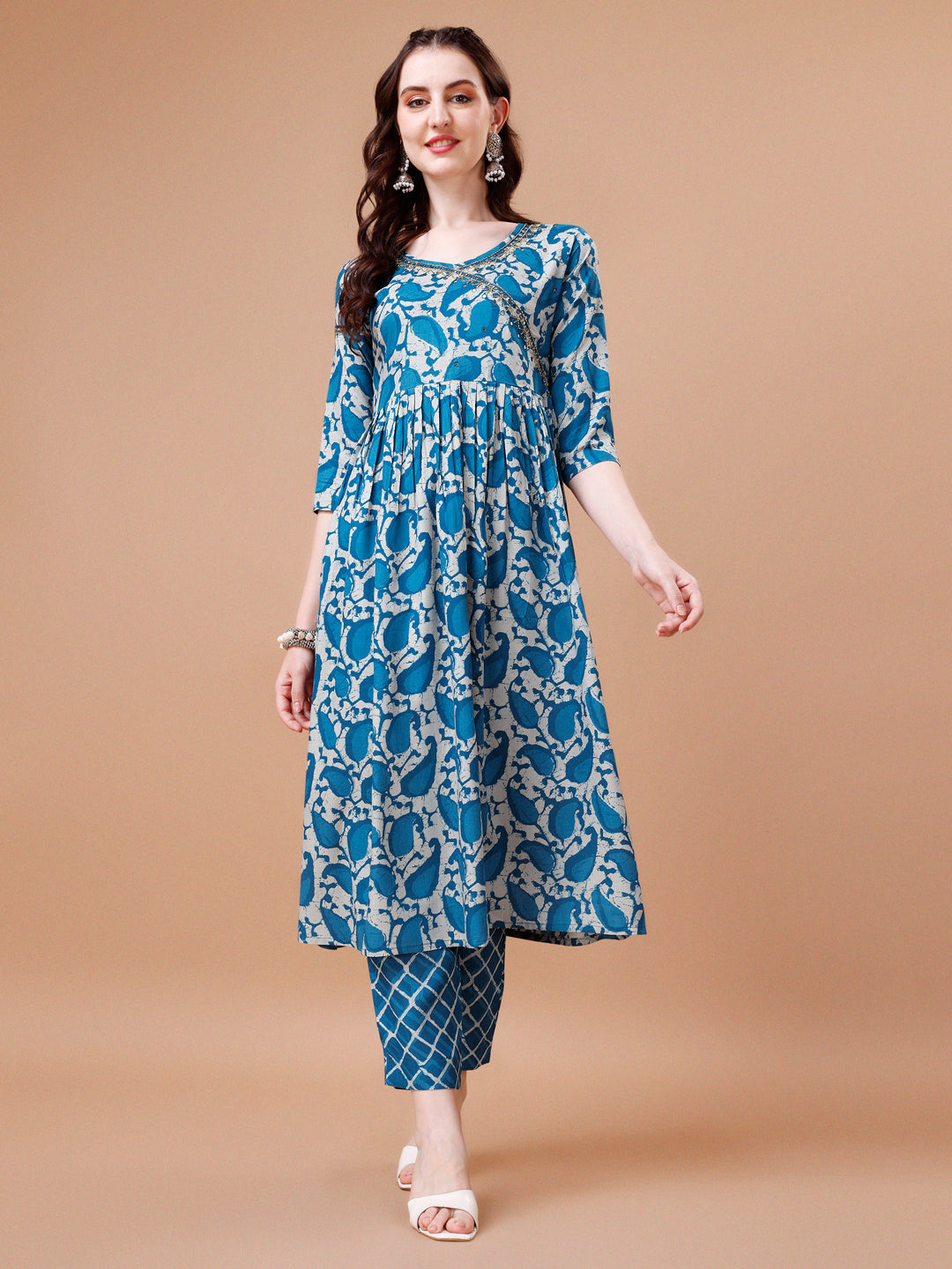 Embroidered Angrakha Style Printed & Flared Anarkali Kurta With Pant & Dupatta Set, Multicolor - Hiral Fashion