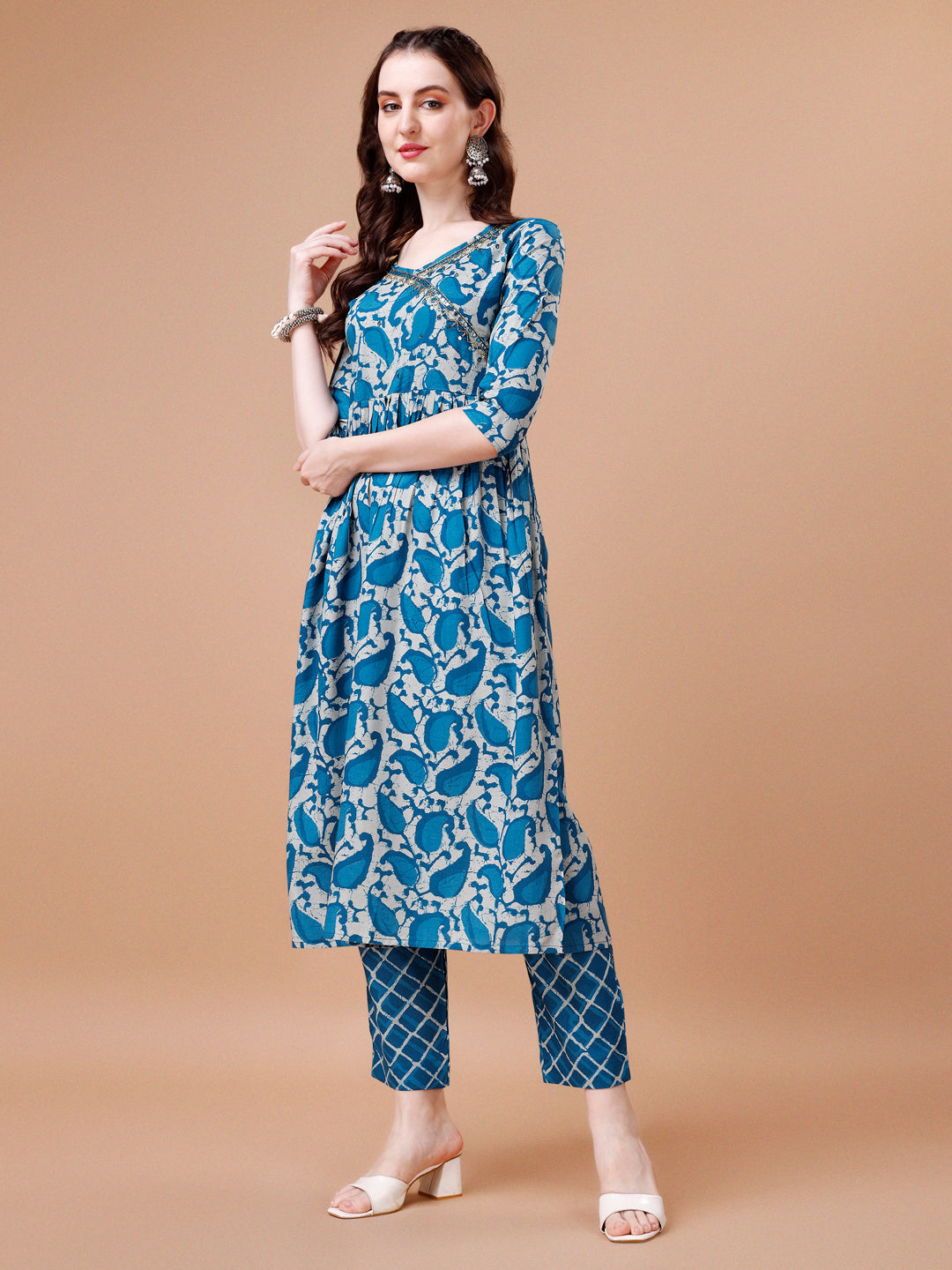 Embroidered Angrakha Style Printed & Flared Anarkali Kurta With Pant & Dupatta Set, Multicolor - Hiral Fashion