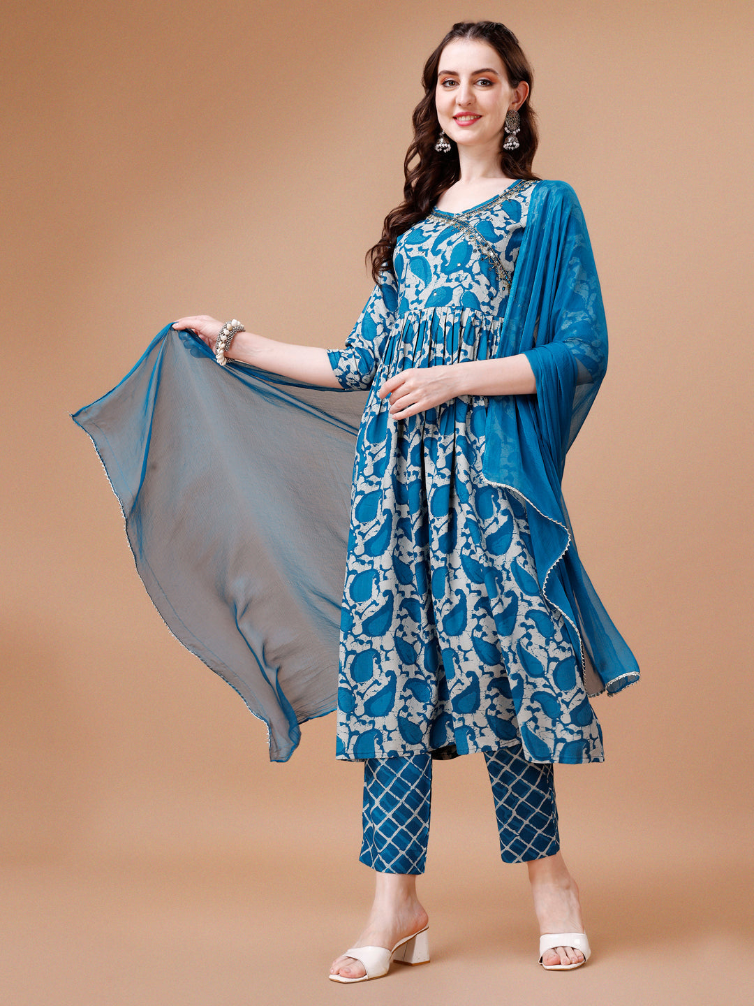Embroidered Angrakha Style Printed & Flared Anarkali Kurta With Pant & Dupatta Set, Multicolor - Hiral Fashion