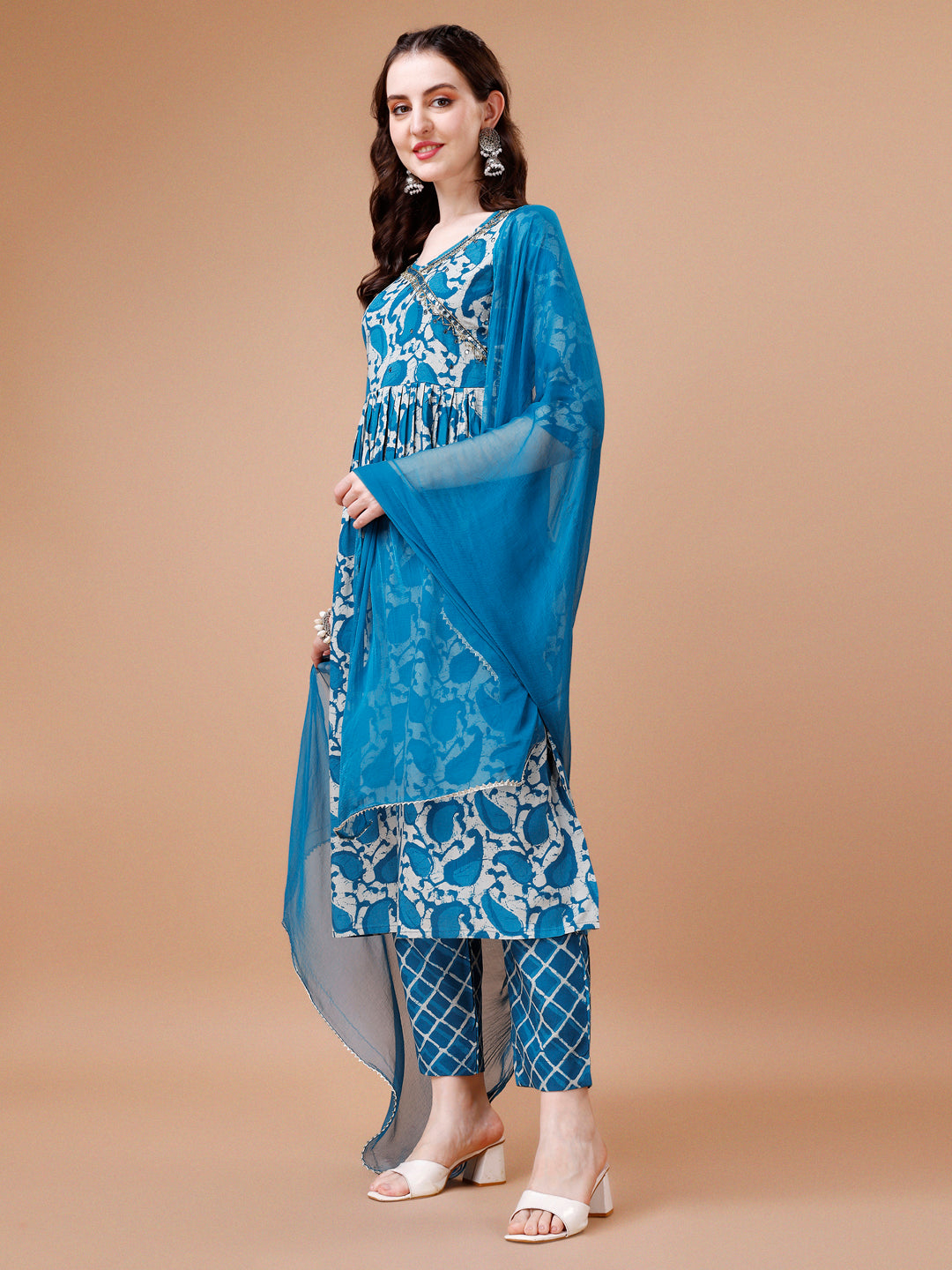Embroidered Angrakha Style Printed & Flared Anarkali Kurta With Pant & Dupatta Set, Multicolor - Hiral Fashion