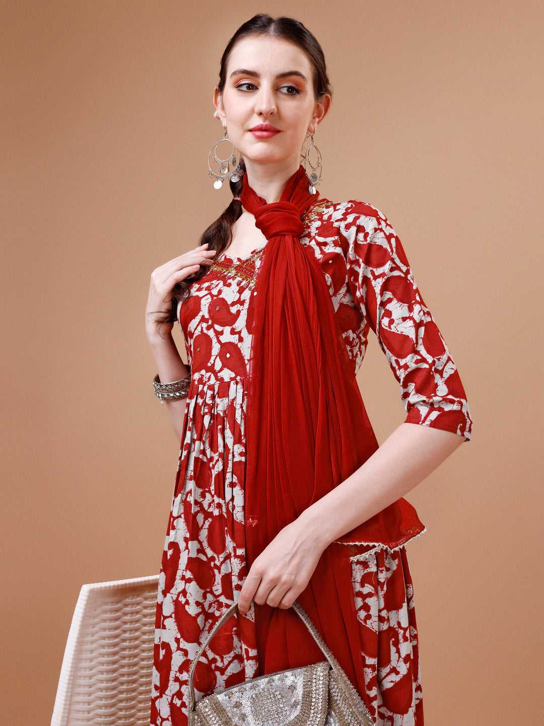 Embroidered Angrakha Style Printed & Flared Anarkali Kurta With Pant & Dupatta Set, Multicolor - Hiral Fashion