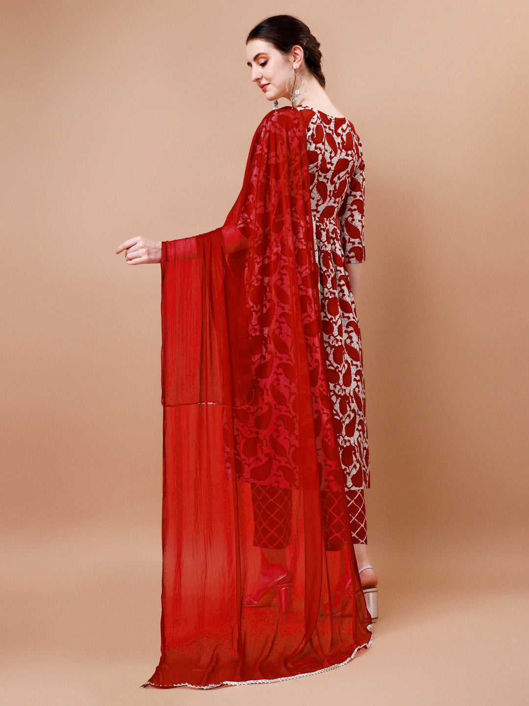 Embroidered Angrakha Style Printed & Flared Anarkali Kurta With Pant & Dupatta Set, Multicolor - Hiral Fashion